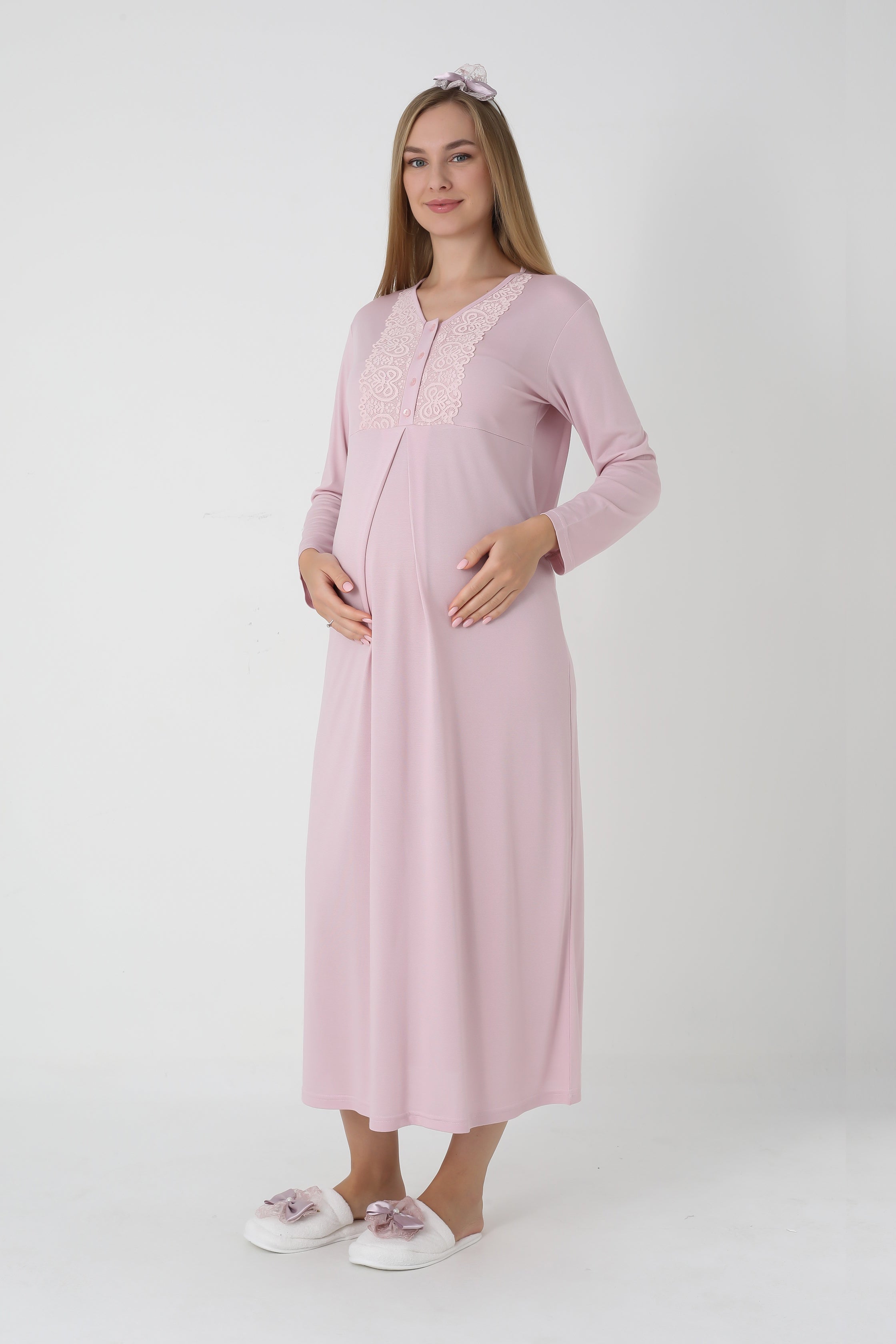 Fiyonk Desenli Jakarlı Sabahlık & Viskon Gecelik 2'li Lohusa Seti - 2311