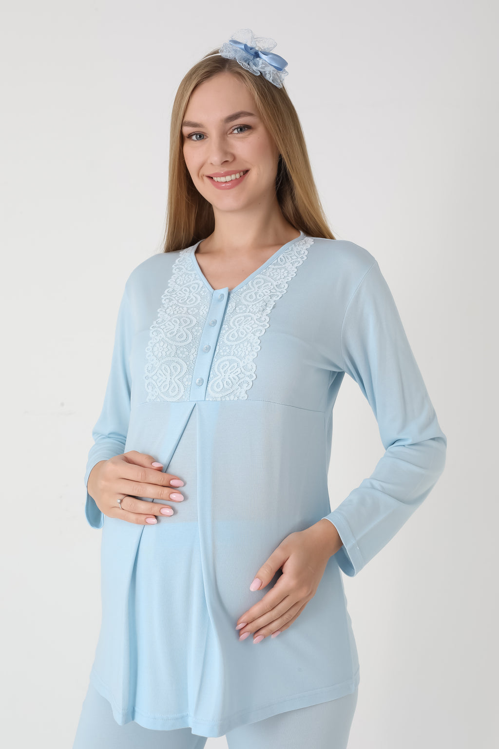 Hamile Lohusa 3’lü Pijama & Sabahlık Seti – Fiyonk Desenli Jakarlı Kumaş, Emzirme, Viskoz-Pamuk - 3455