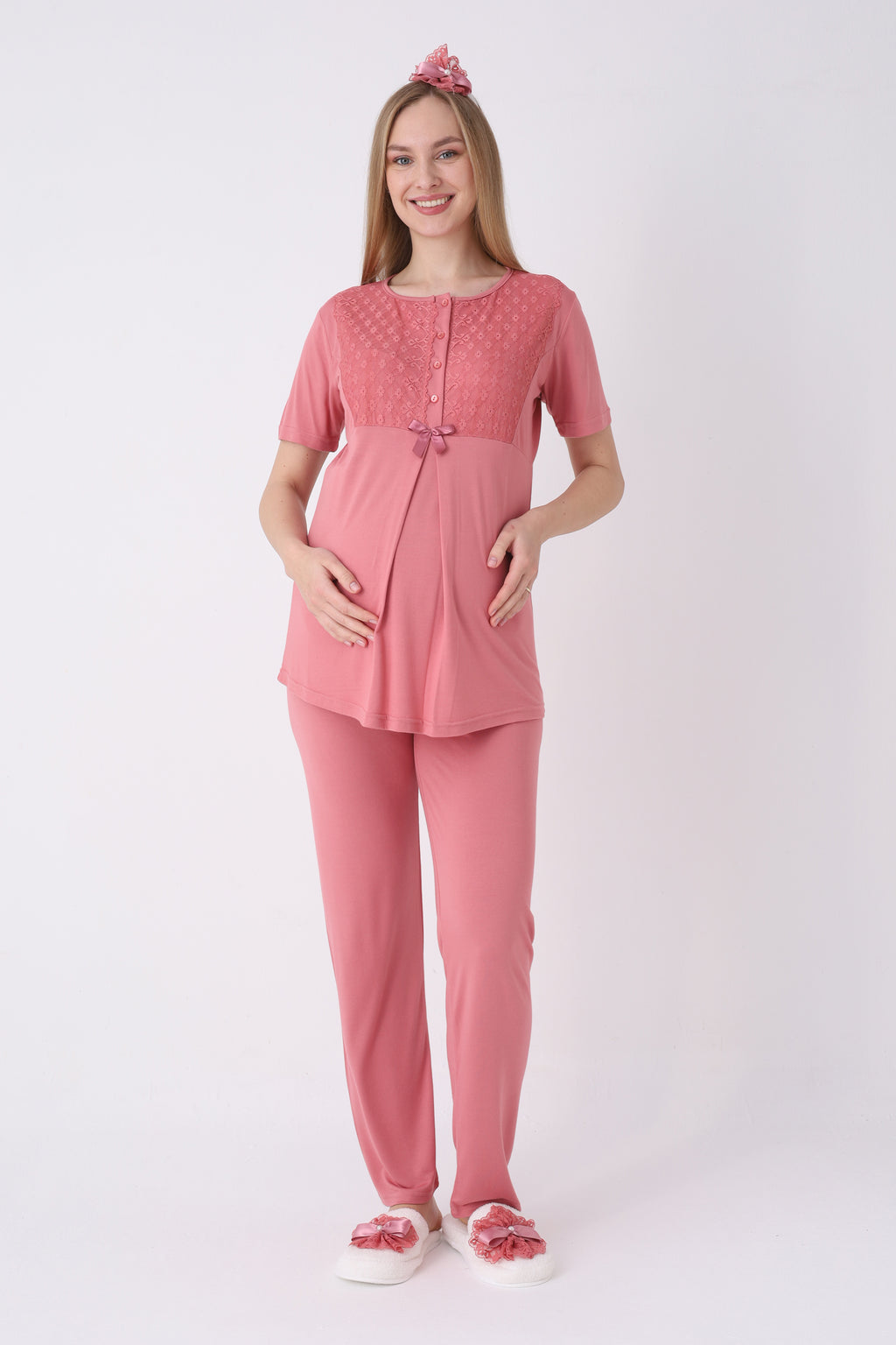 Lohusa Pijama Sabahlık 3'lü Takım Dantel Yakalı Cepli Düğmeli Emzirme Pamuk Viskon Hamile Pijama - 3461