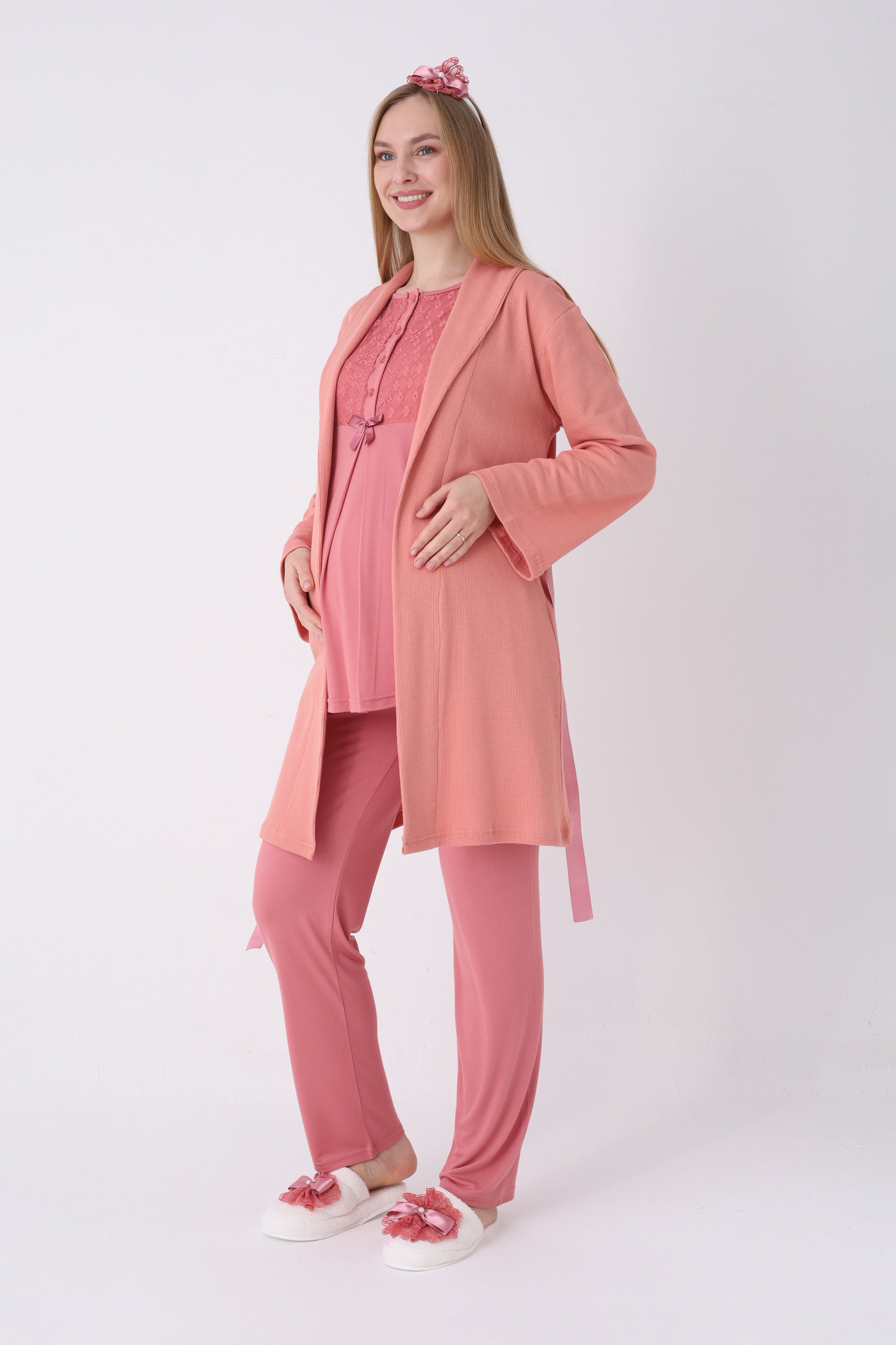 Lohusa Pijama Sabahlık 3'lü Takım Dantel Yakalı Cepli Düğmeli Emzirme Pamuk Viskon Hamile Pijama - 3461 11
