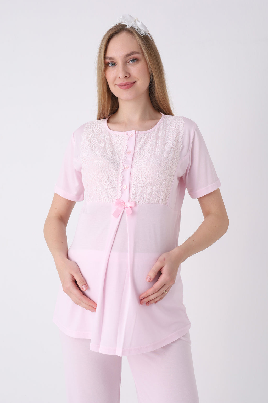 Lohusa Pijama Sabahlık 3'lü Takım Dantel Yakalı Cepli Düğmeli Emzirme Pamuk Viskon Hamile Pijama - 3461