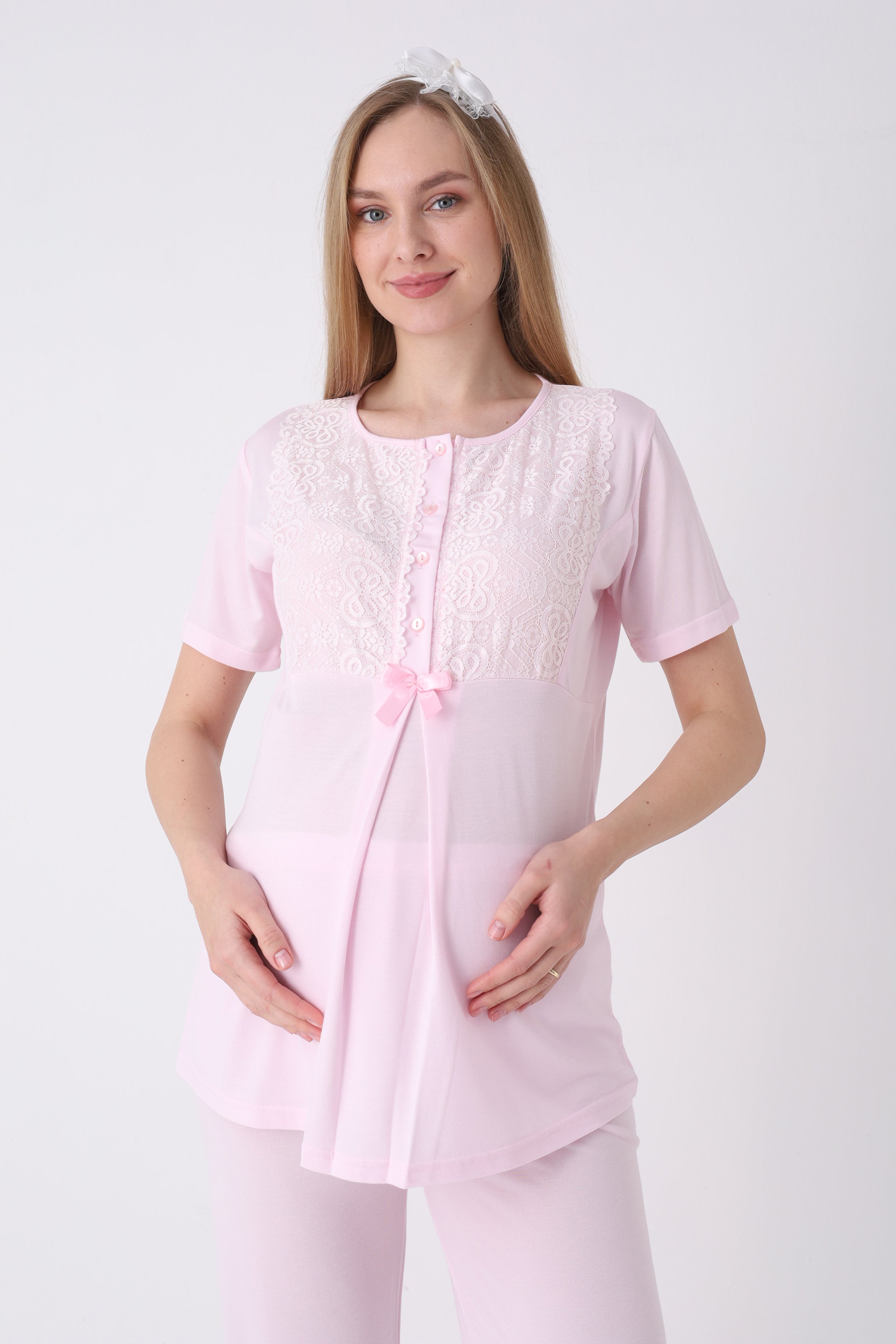 Lohusa Pijama Sabahlık 3'lü Takım Dantel Yakalı Cepli Düğmeli Emzirme Pamuk Viskon Hamile Pijama - 3461 18