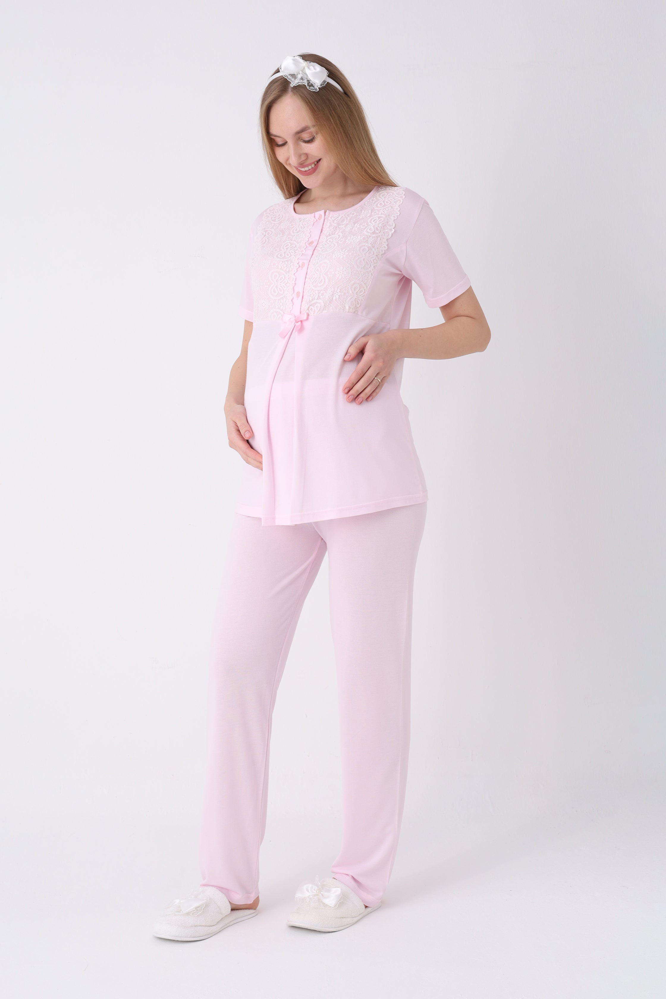 Lohusa Pijama Sabahlık 3'lü Takım Dantel Yakalı Cepli Düğmeli Emzirme Pamuk Viskon Hamile Pijama - 3461 17