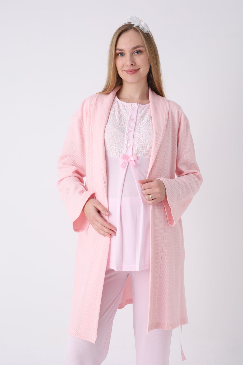 Lohusa Pijama Sabahlık 3'lü Takım Dantel Yakalı Cepli Düğmeli Emzirme Pamuk Viskon Hamile Pijama - 3461