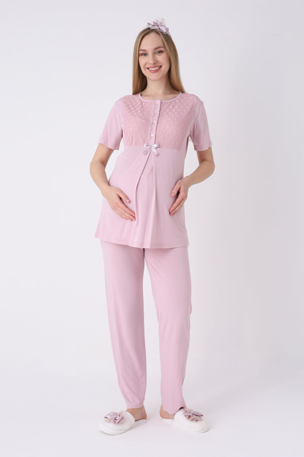 Lohusa Pijama Sabahlık 3'lü Takım Dantel Yakalı Cepli Düğmeli Emzirme Pamuk Viskon Hamile Pijama - 3461
