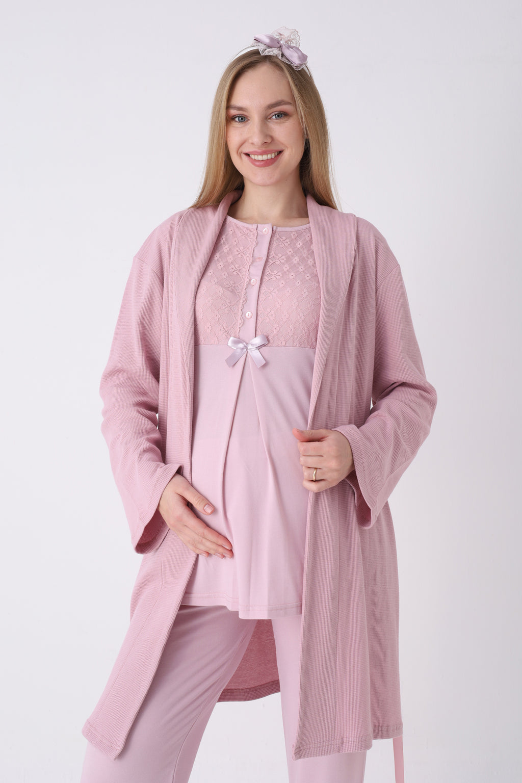Lohusa Pijama Sabahlık 3'lü Takım Dantel Yakalı Cepli Düğmeli Emzirme Pamuk Viskon Hamile Pijama - 3461