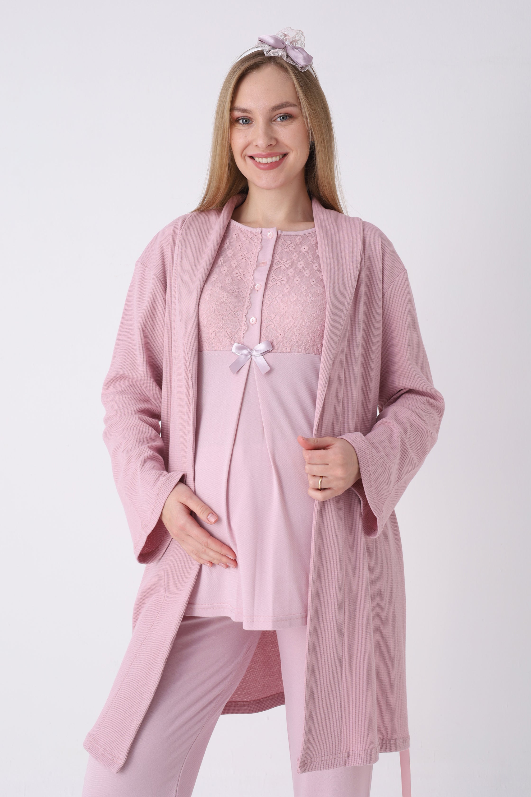 Lohusa Pijama Sabahlık 3'lü Takım Dantel Yakalı Cepli Düğmeli Emzirme Pamuk Viskon Hamile Pijama - 3461 2