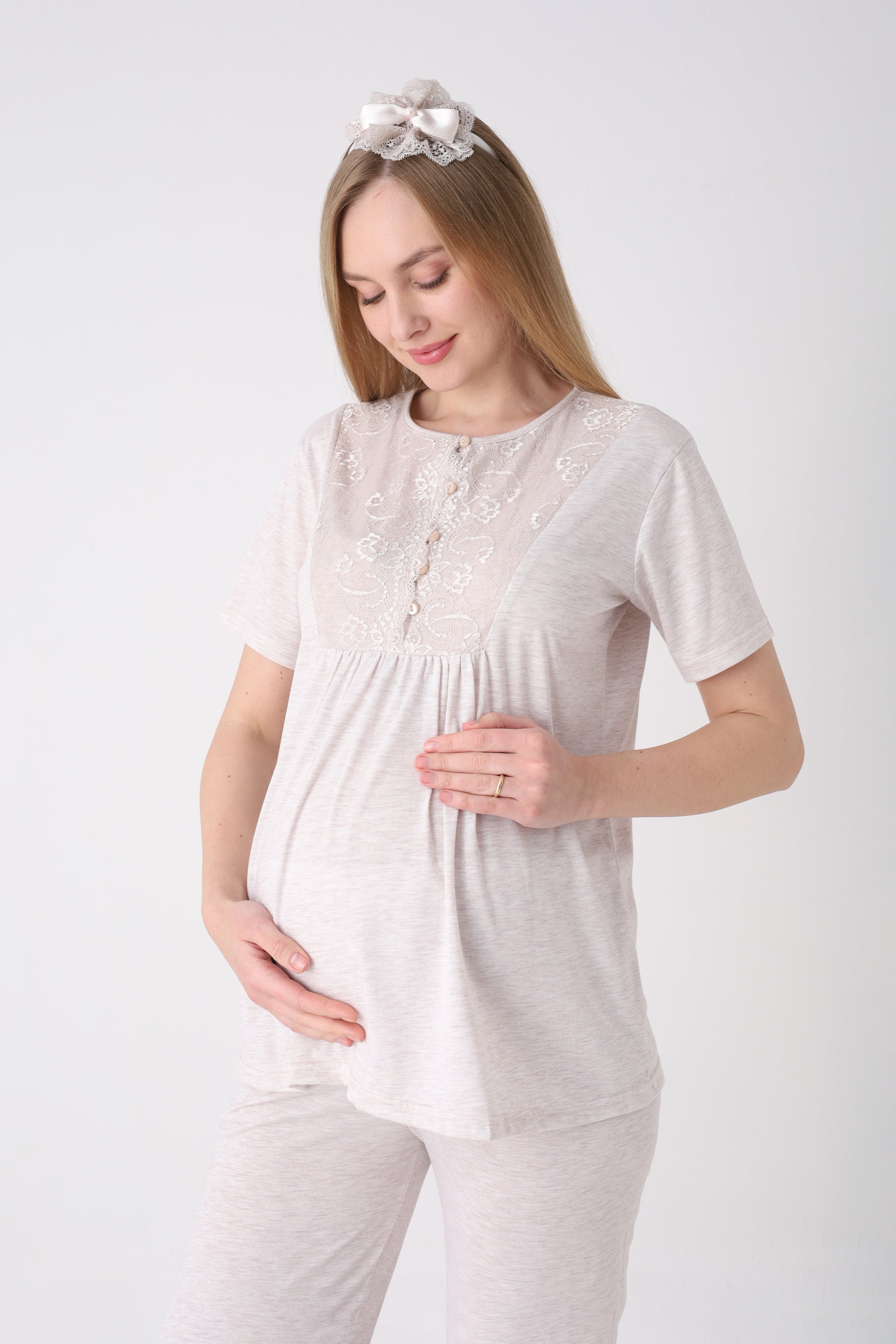 Lohusa Pijama Sabahlık 3'lü Takım Dal Desenli Dantel Göğüslü Düğmeli Emzirme Penye - 3470 4