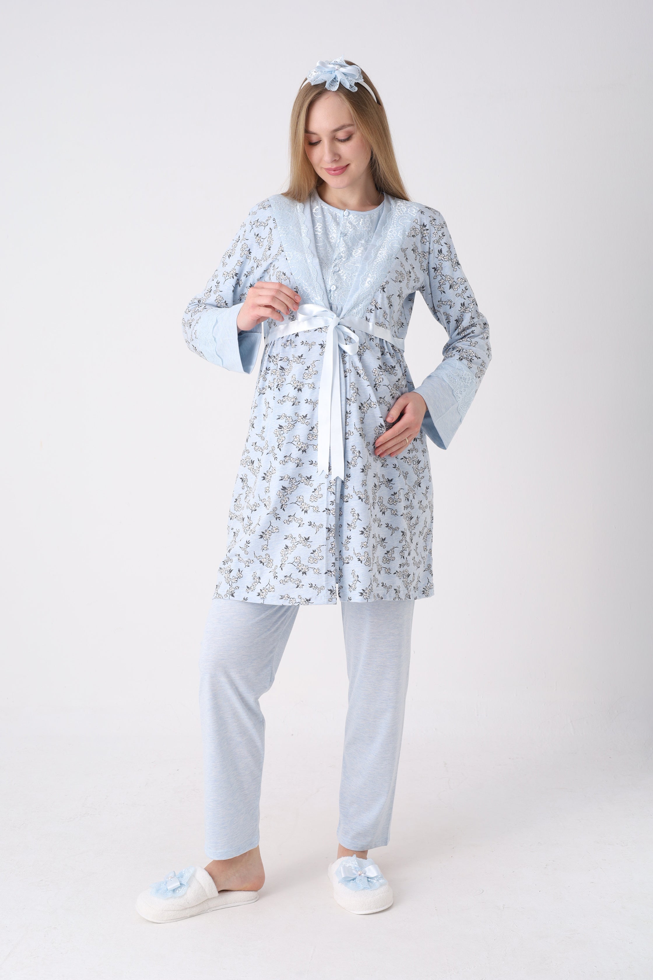 Lohusa Pijama Sabahlık 3'lü Takım Dal Desenli Dantel Göğüslü Düğmeli Emzirme Penye - 3470 6