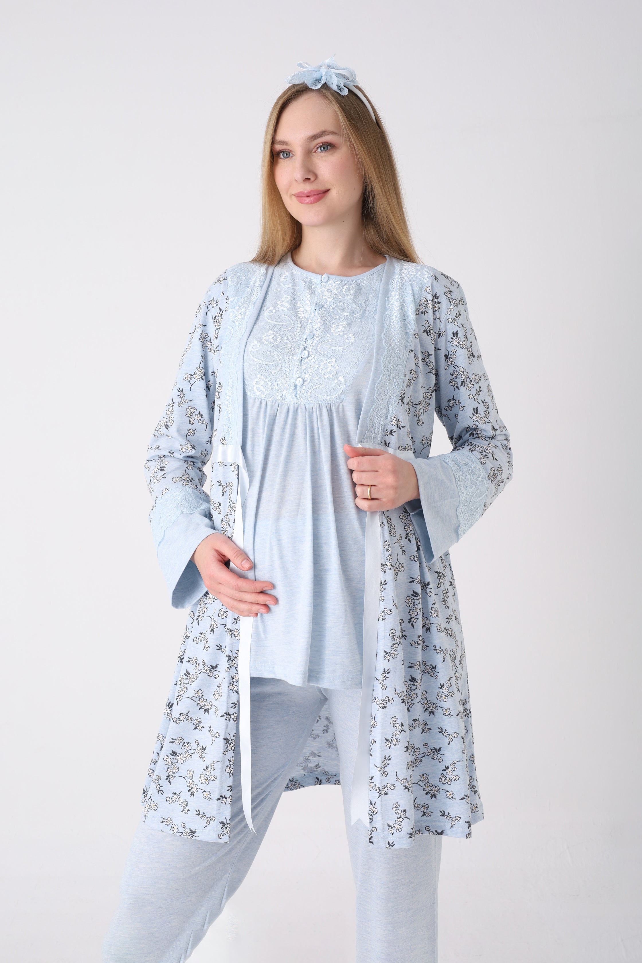 Lohusa Pijama Sabahlık 3'lü Takım Dal Desenli Dantel Göğüslü Düğmeli Emzirme Penye - 3470 7