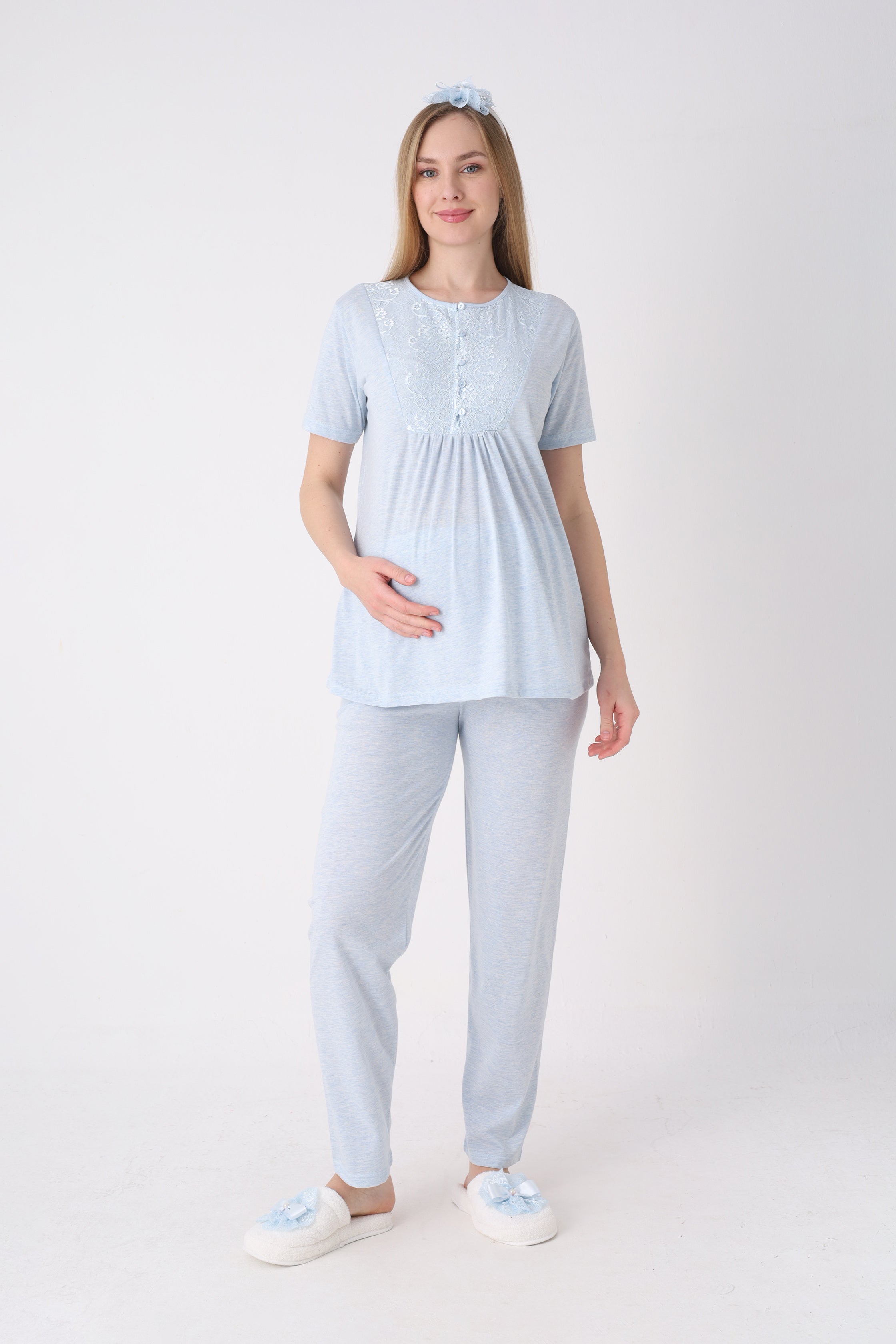 Lohusa Pijama Sabahlık 3'lü Takım Dal Desenli Dantel Göğüslü Düğmeli Emzirme Penye - 3470 9