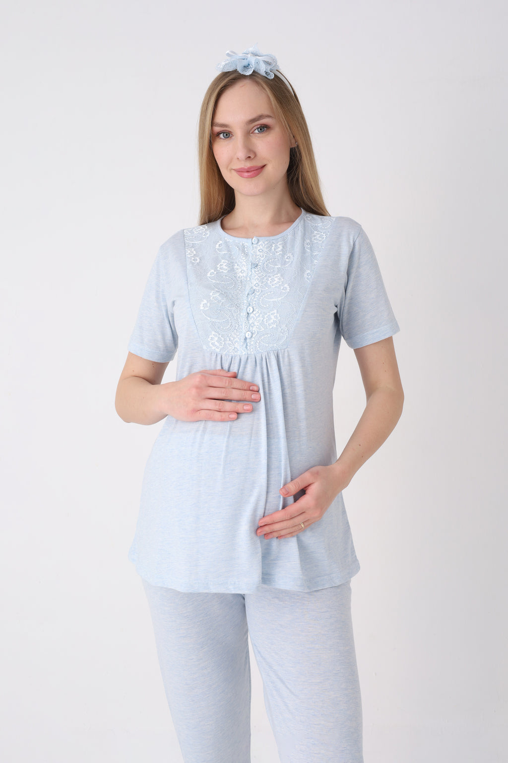 Lohusa Pijama Sabahlık 3'lü Takım Dal Desenli Dantel Göğüslü Düğmeli Emzirme Penye - 3470