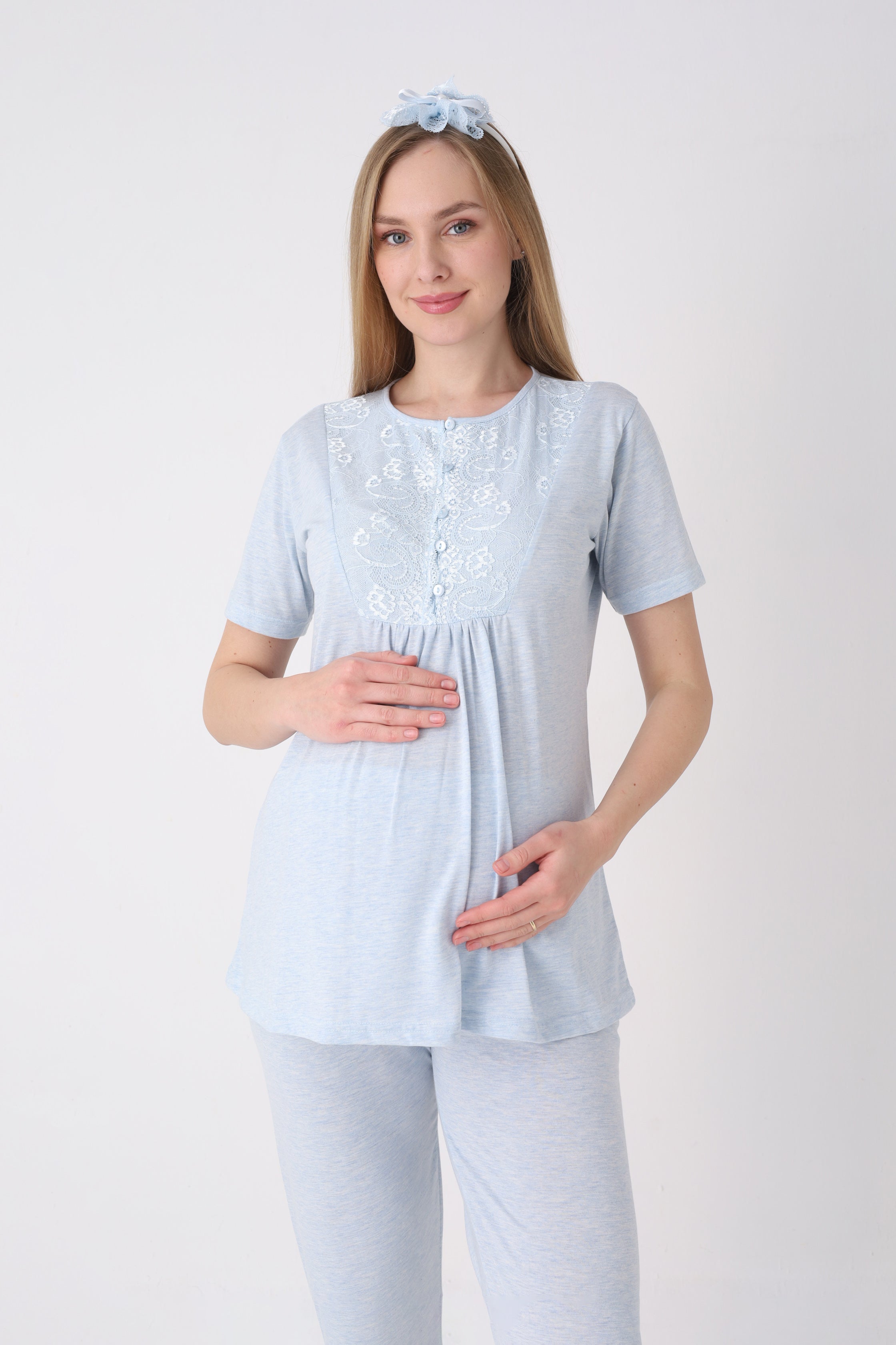 Lohusa Pijama Sabahlık 3'lü Takım Dal Desenli Dantel Göğüslü Düğmeli Emzirme Penye - 3470 10