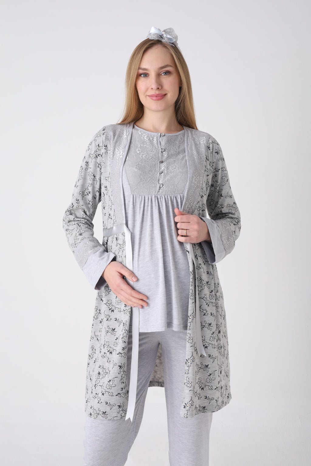 Lohusa Pijama Sabahlık 3'lü Takım Dal Desenli Dantel Göğüslü Düğmeli Emzirme Penye - 3470