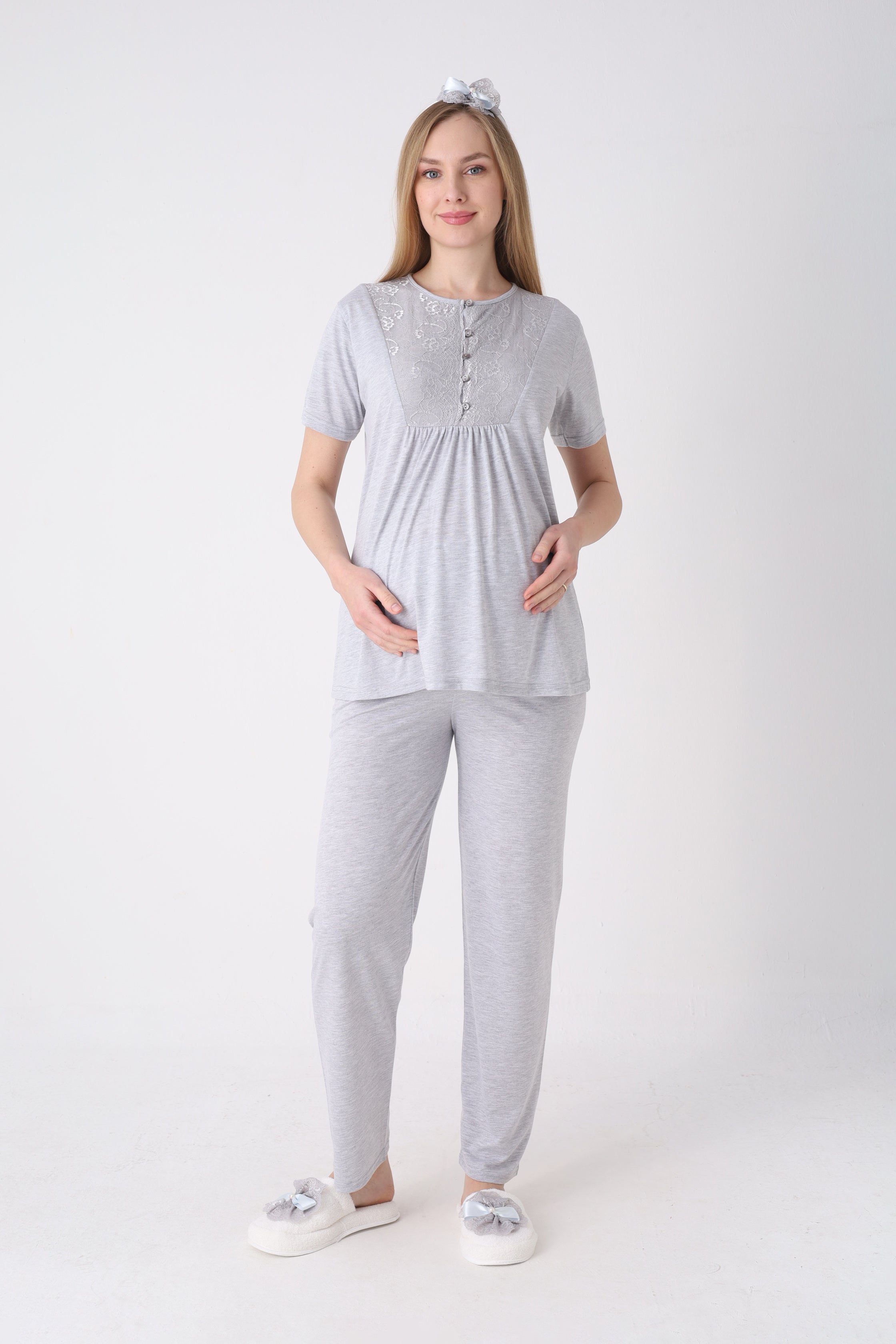 Lohusa Pijama Sabahlık 3'lü Takım Dal Desenli Dantel Göğüslü Düğmeli Emzirme Penye - 3470 14