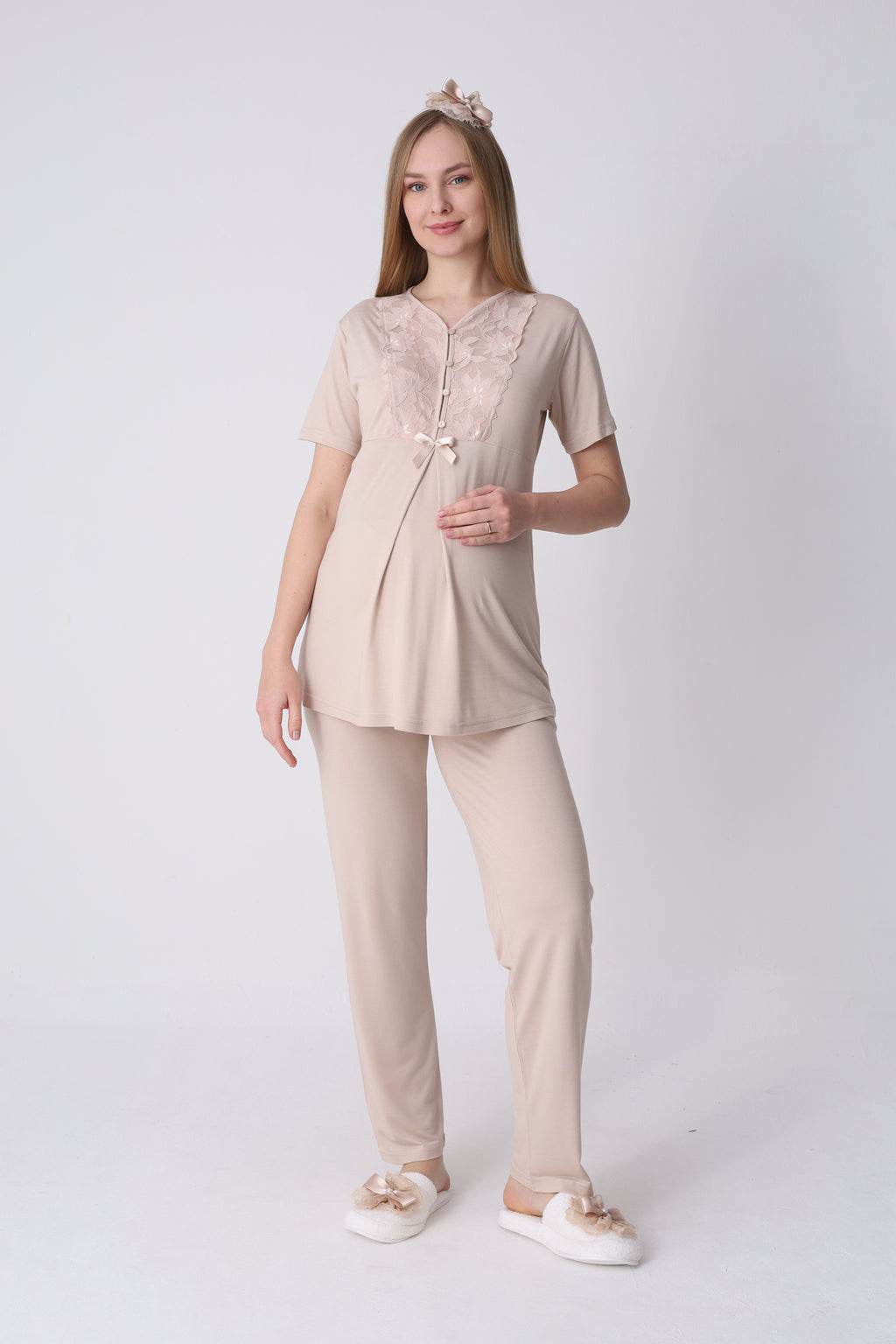 Geniş Dantel Kollu Sabahlık ve 3’lü Emzirme Pijama Seti – Premium Lohusa Koleksiyonu - 3468