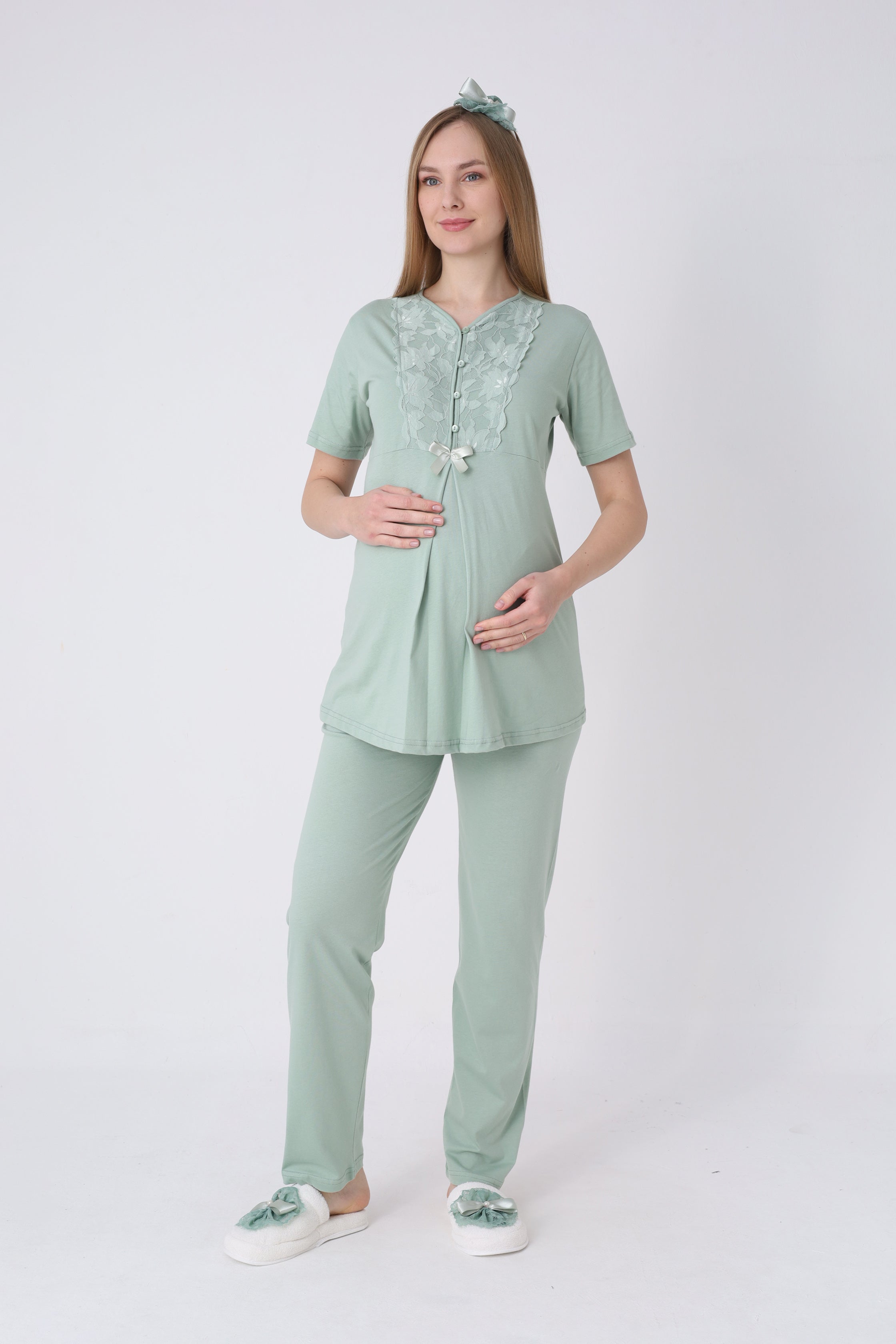 Geniş Dantel Kollu Sabahlık ve 3’lü Emzirme Pijama Seti – Premium Lohusa Koleksiyonu - 3468 5
