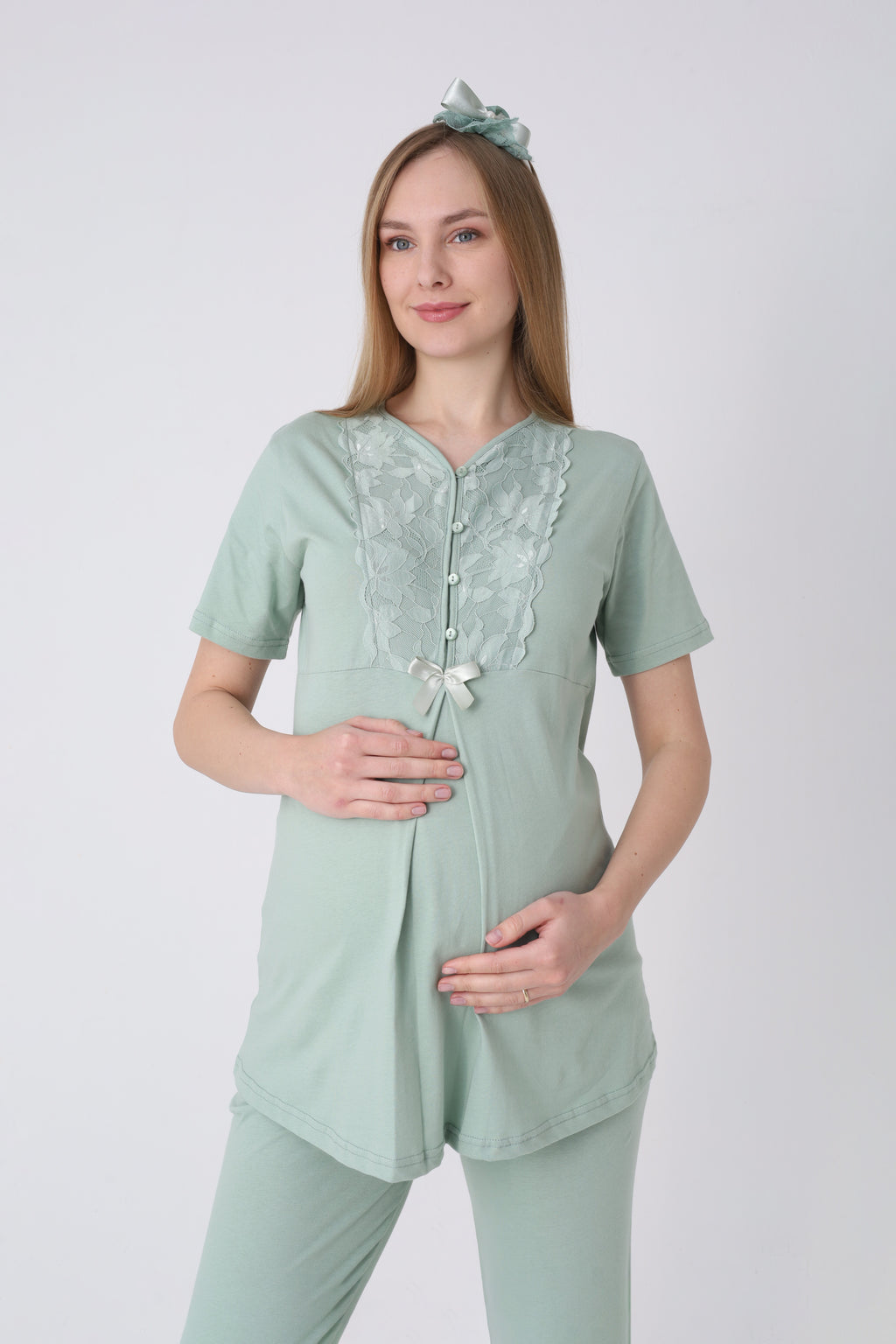 Geniş Dantel Kollu Sabahlık ve 3’lü Emzirme Pijama Seti – Premium Lohusa Koleksiyonu - 3468