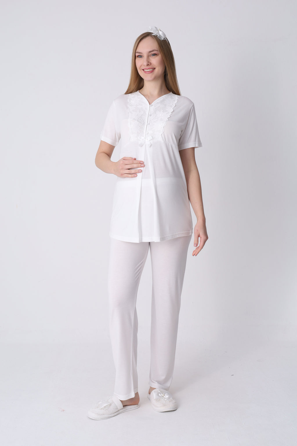 Geniş Dantel Kollu Sabahlık ve 3’lü Emzirme Pijama Seti – Premium Lohusa Koleksiyonu - 3468