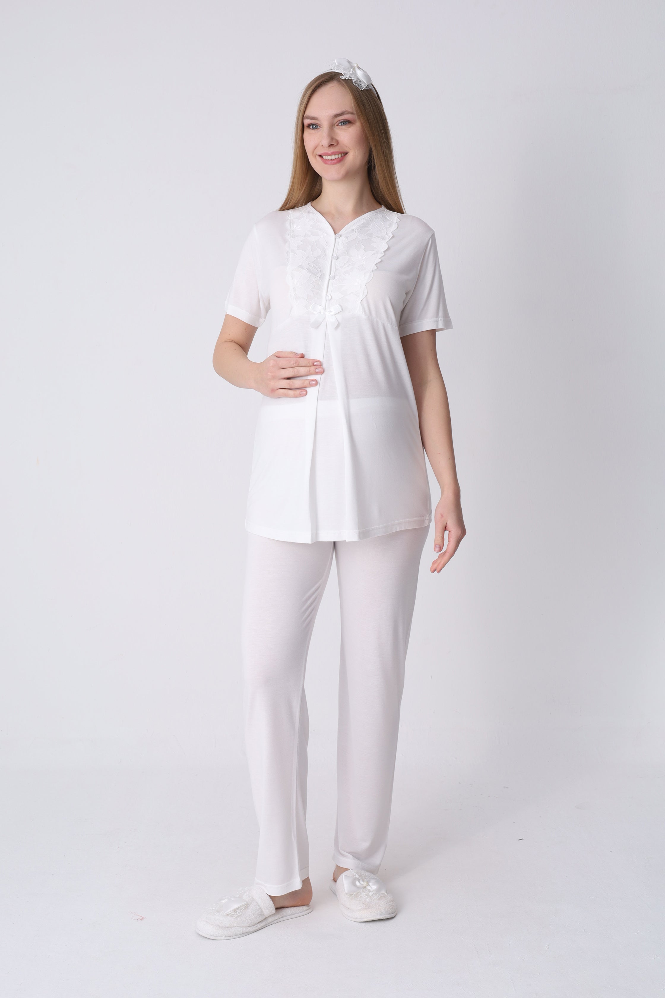 Geniş Dantel Kollu Sabahlık ve 3’lü Emzirme Pijama Seti – Premium Lohusa Koleksiyonu - 3468 17