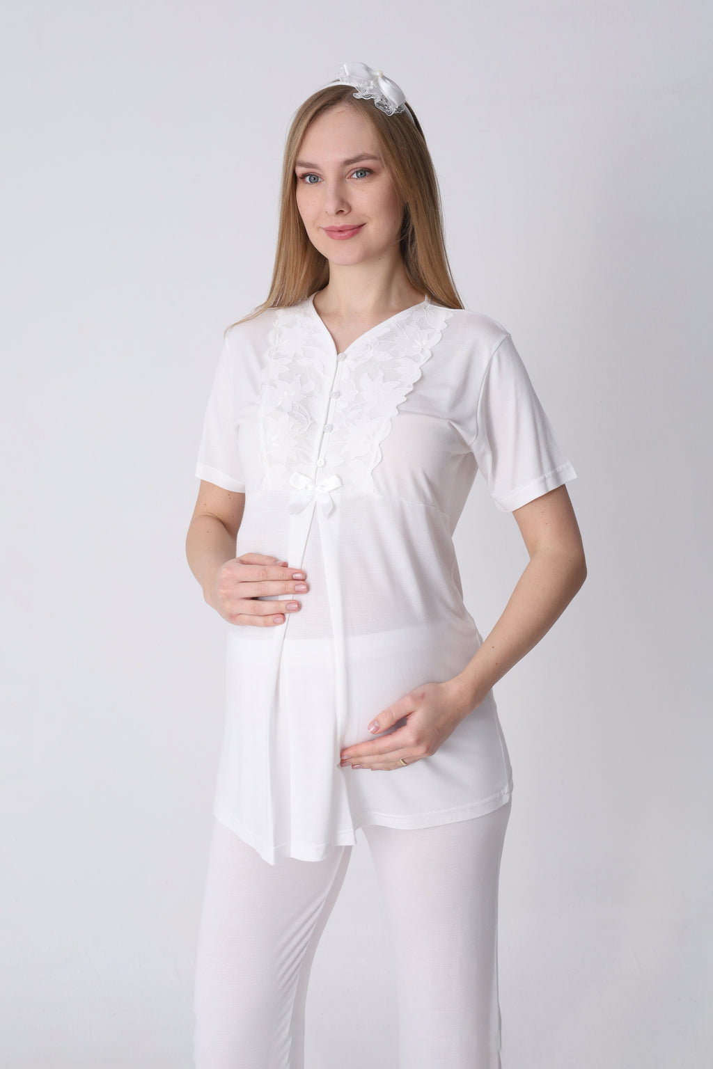 Geniş Dantel Kollu Sabahlık ve 3’lü Emzirme Pijama Seti – Premium Lohusa Koleksiyonu - 3468