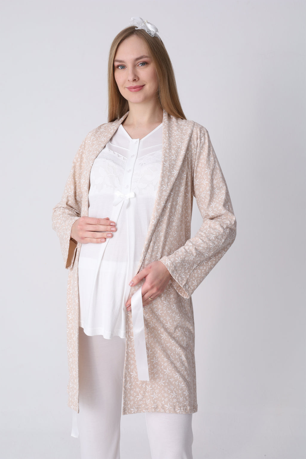 Narin Yaprak Motifli Sabahlık ve Dantelli Emzirme Pijama Takımı – 3’lü Lohusa Seti - 3466
