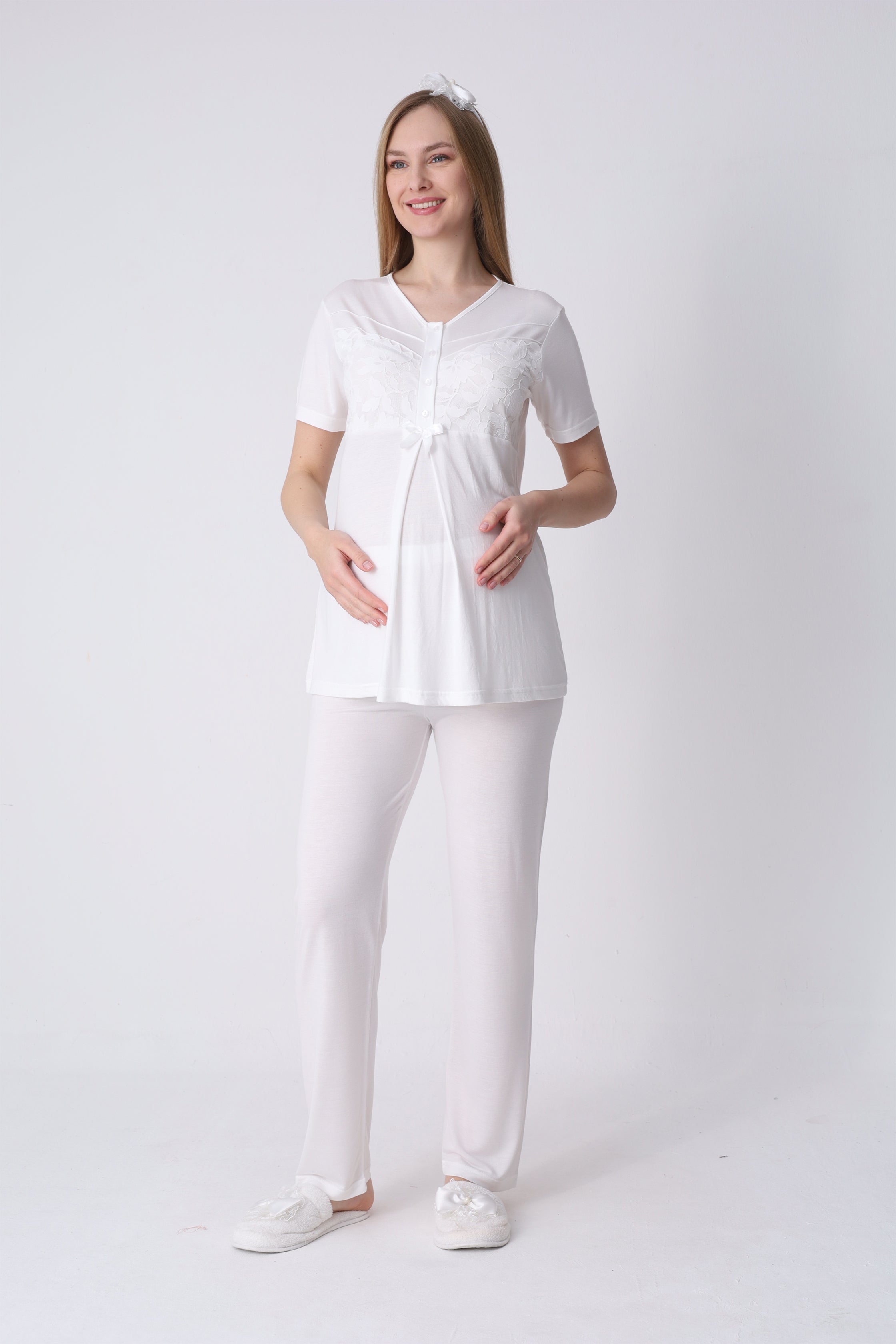Narin Yaprak Motifli Sabahlık ve Dantelli Emzirme Pijama Takımı – 3’lü Lohusa Seti - 3466 4