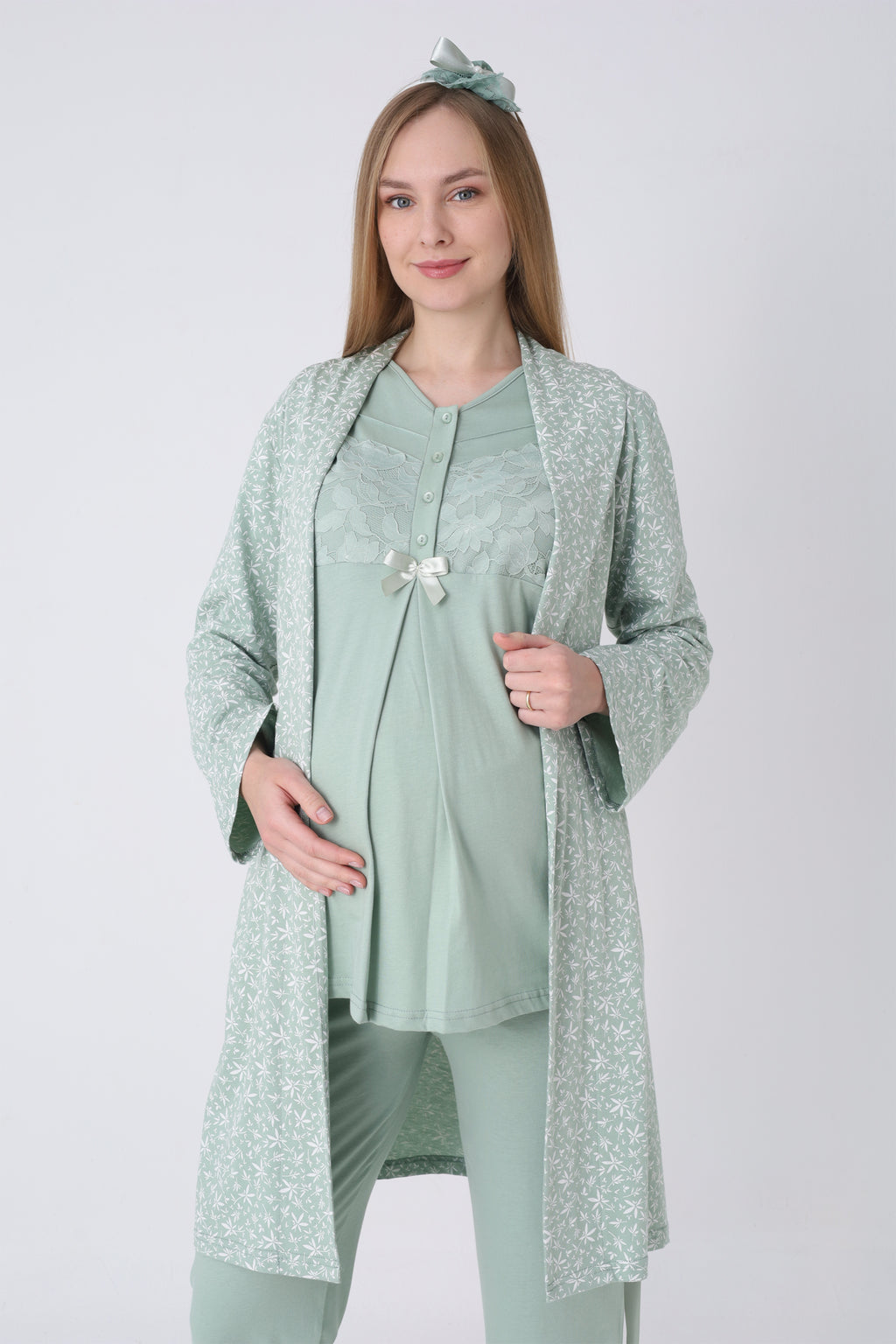 Narin Yaprak Motifli Sabahlık ve Dantelli Emzirme Pijama Takımı – 3’lü Lohusa Seti - 3466
