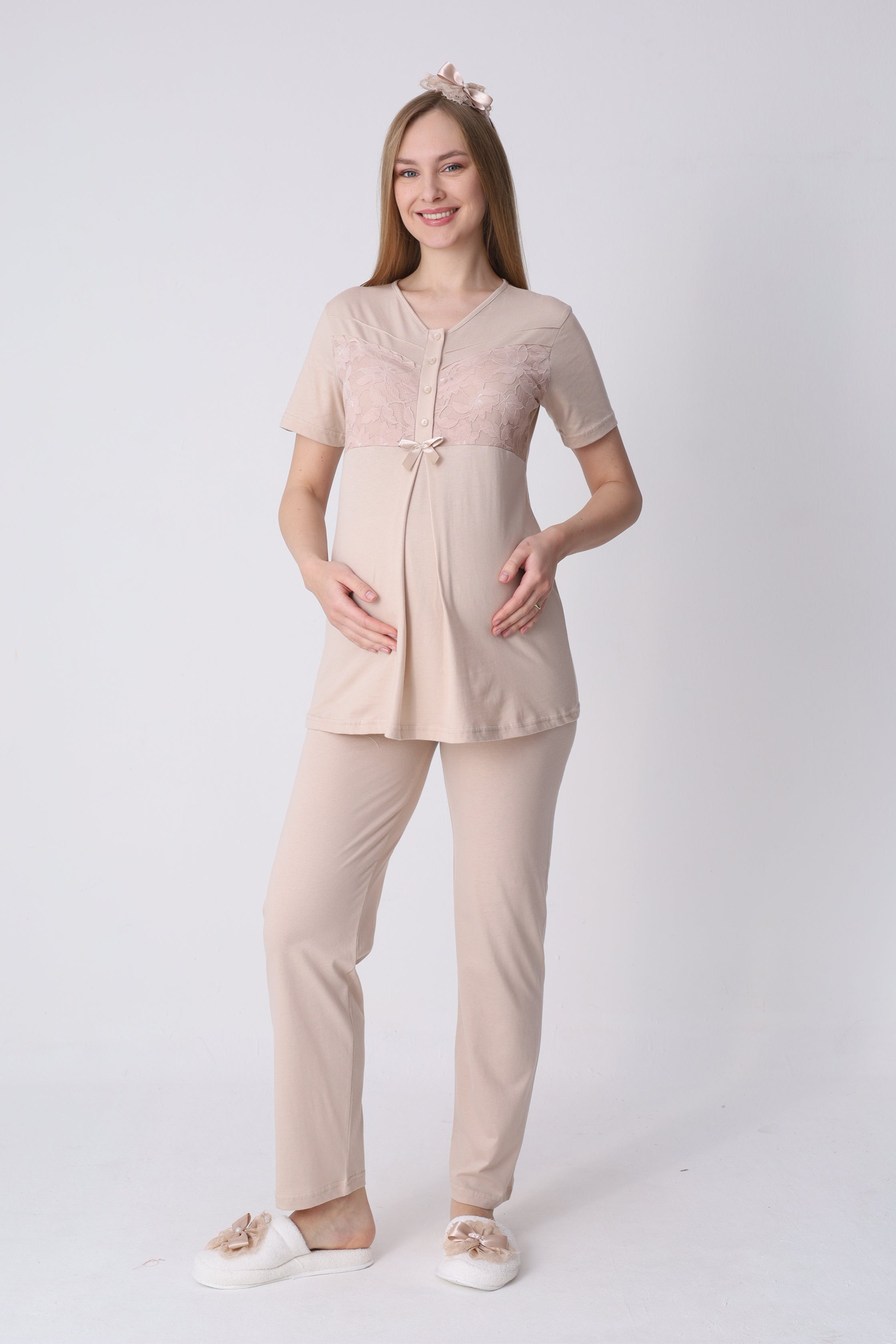 Narin Yaprak Motifli Sabahlık ve Dantelli Emzirme Pijama Takımı – 3’lü Lohusa Seti - 3466 11