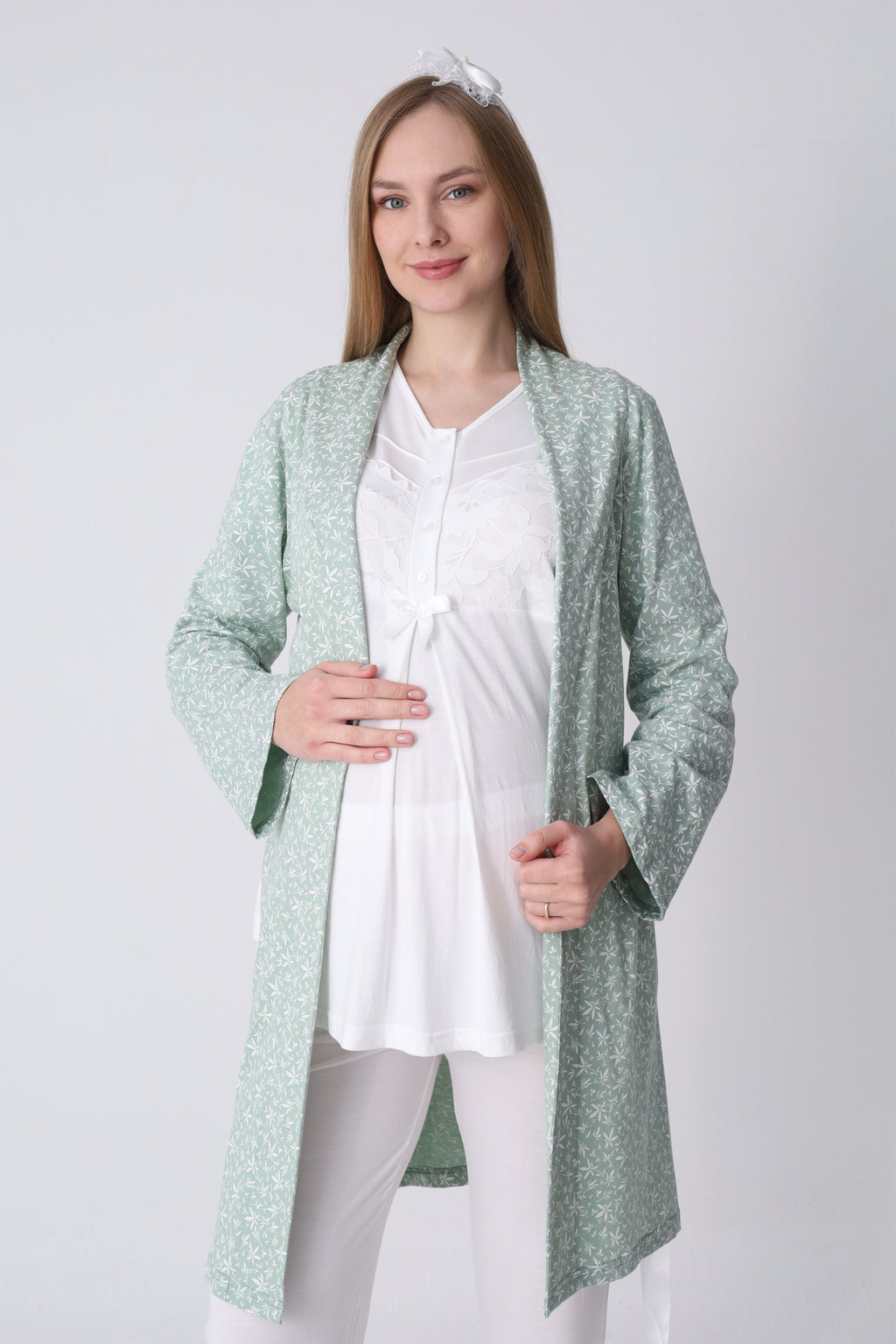 Narin Yaprak Motifli Sabahlık ve Dantelli Emzirme Pijama Takımı – 3’lü Lohusa Seti - 3466