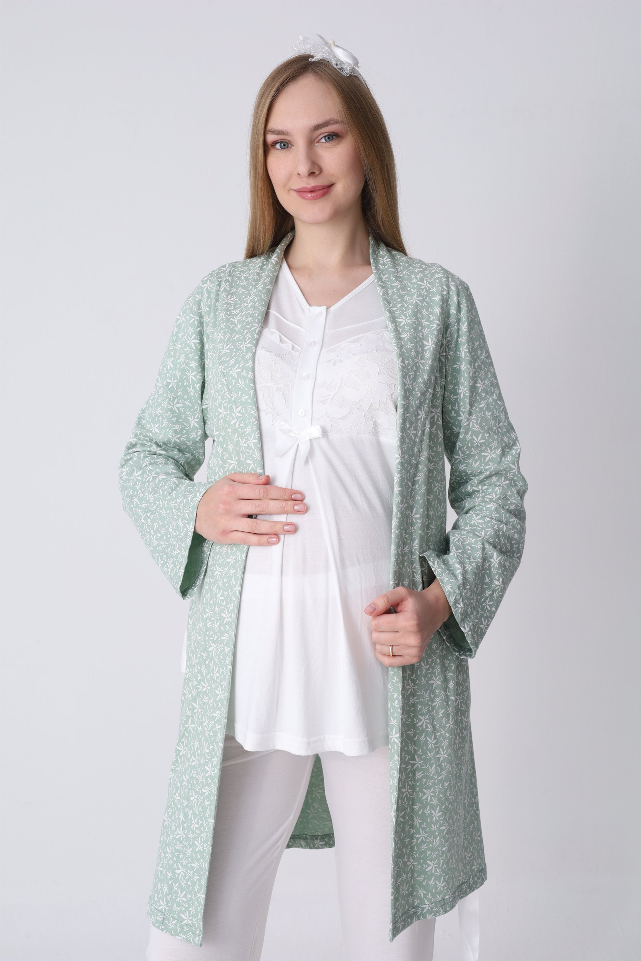 Narin Yaprak Motifli Sabahlık ve Dantelli Emzirme Pijama Takımı – 3’lü Lohusa Seti - 3466 7