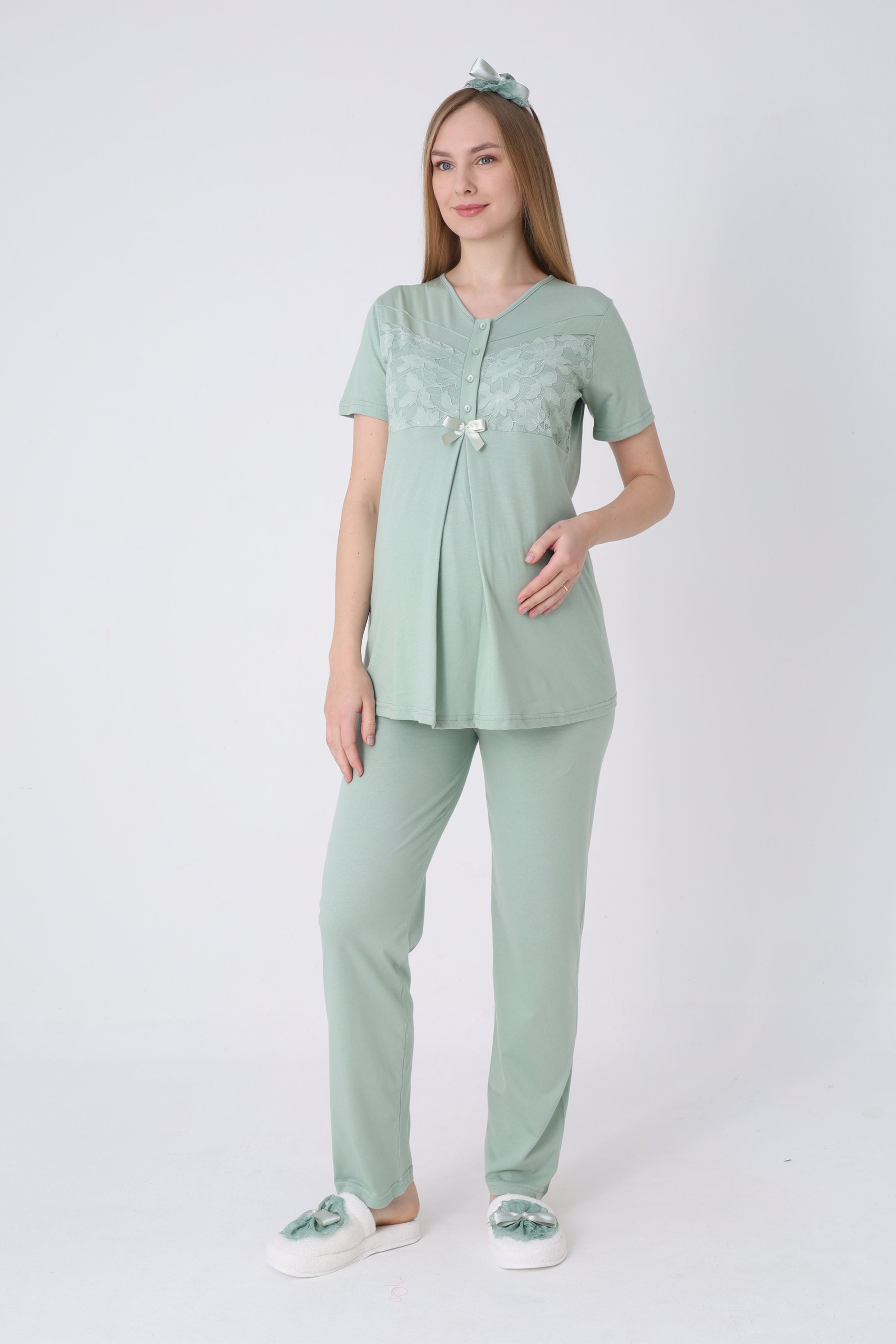 Narin Yaprak Motifli Sabahlık ve Dantelli Emzirme Pijama Takımı – 3’lü Lohusa Seti - 3466 16