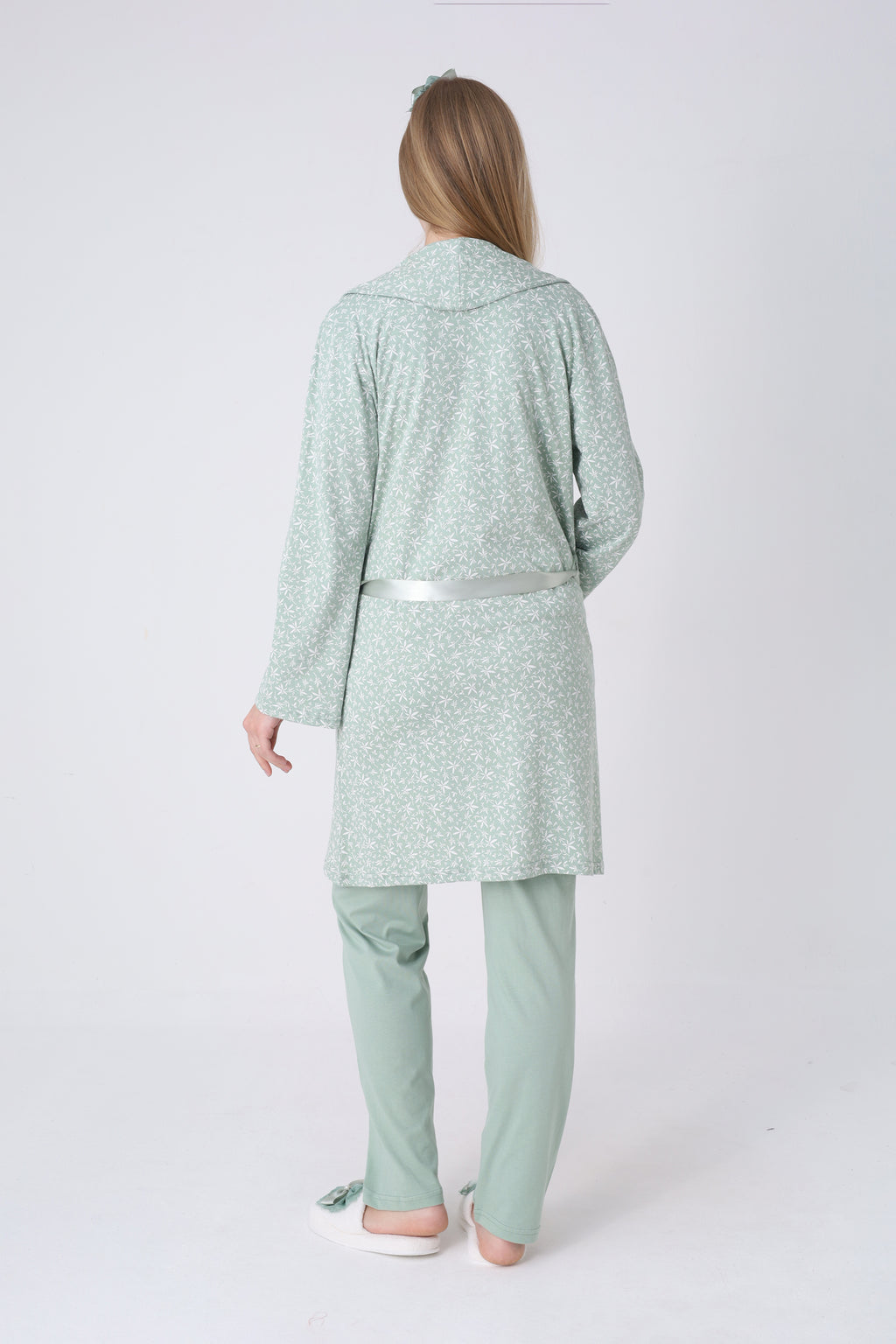 Narin Yaprak Motifli Sabahlık ve Dantelli Emzirme Pijama Takımı – 3’lü Lohusa Seti - 3466