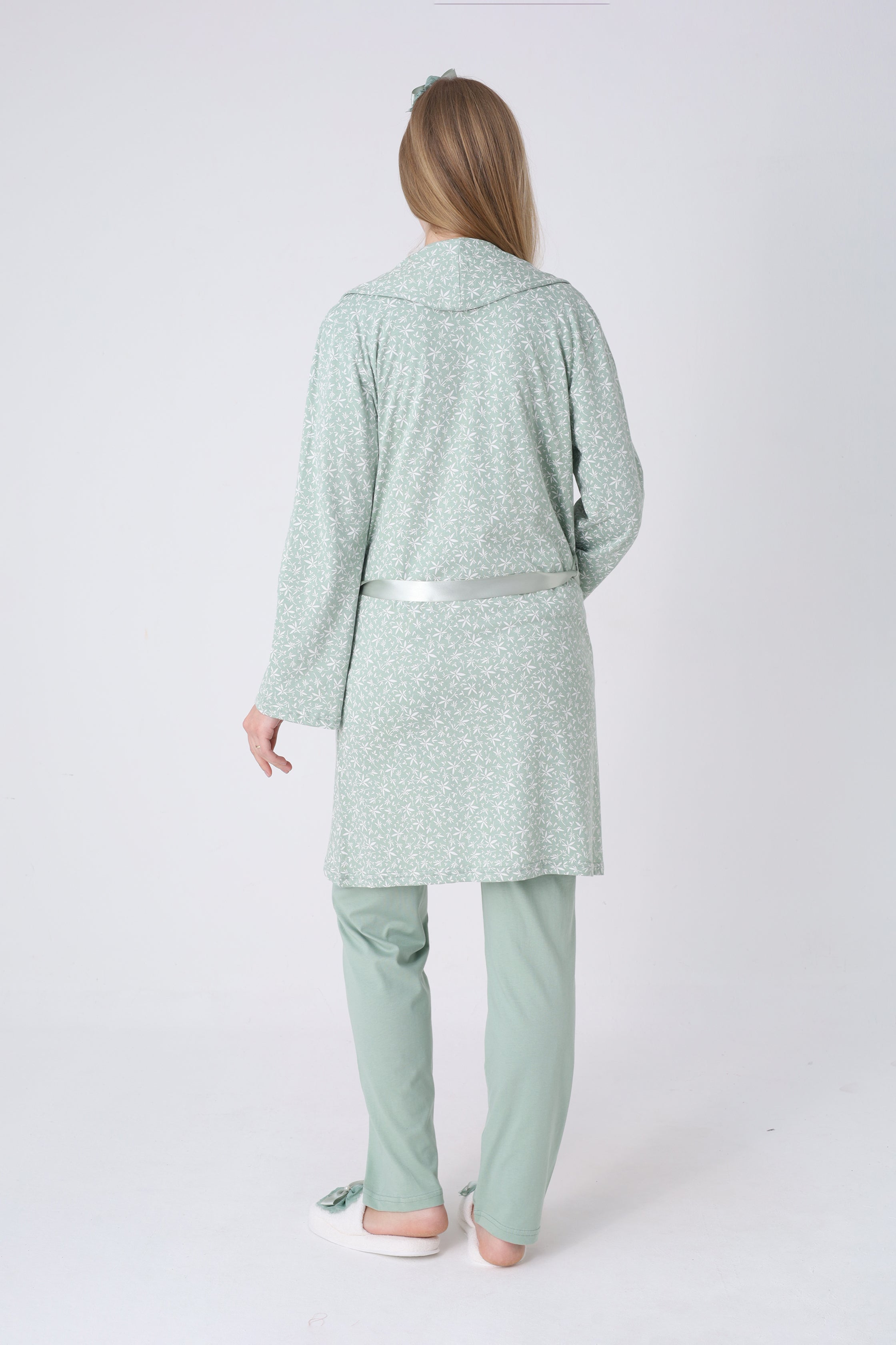 Narin Yaprak Motifli Sabahlık ve Dantelli Emzirme Pijama Takımı – 3’lü Lohusa Seti - 3466 17