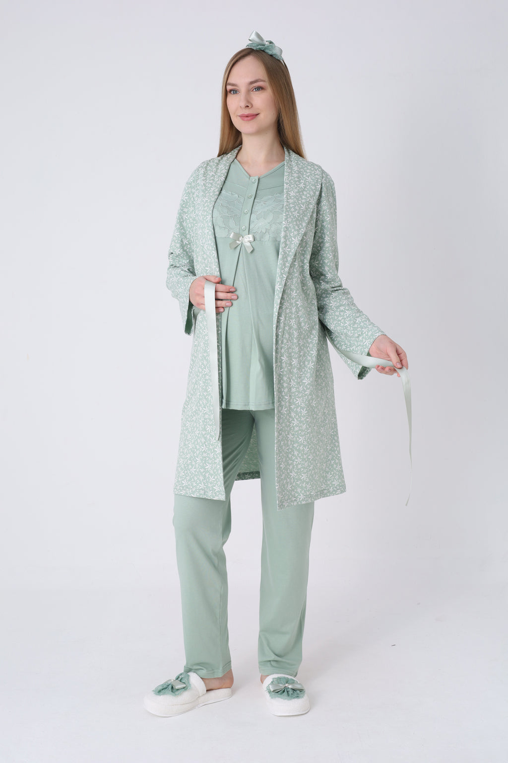 Narin Yaprak Motifli Sabahlık ve Dantelli Emzirme Pijama Takımı – 3’lü Lohusa Seti - 3466