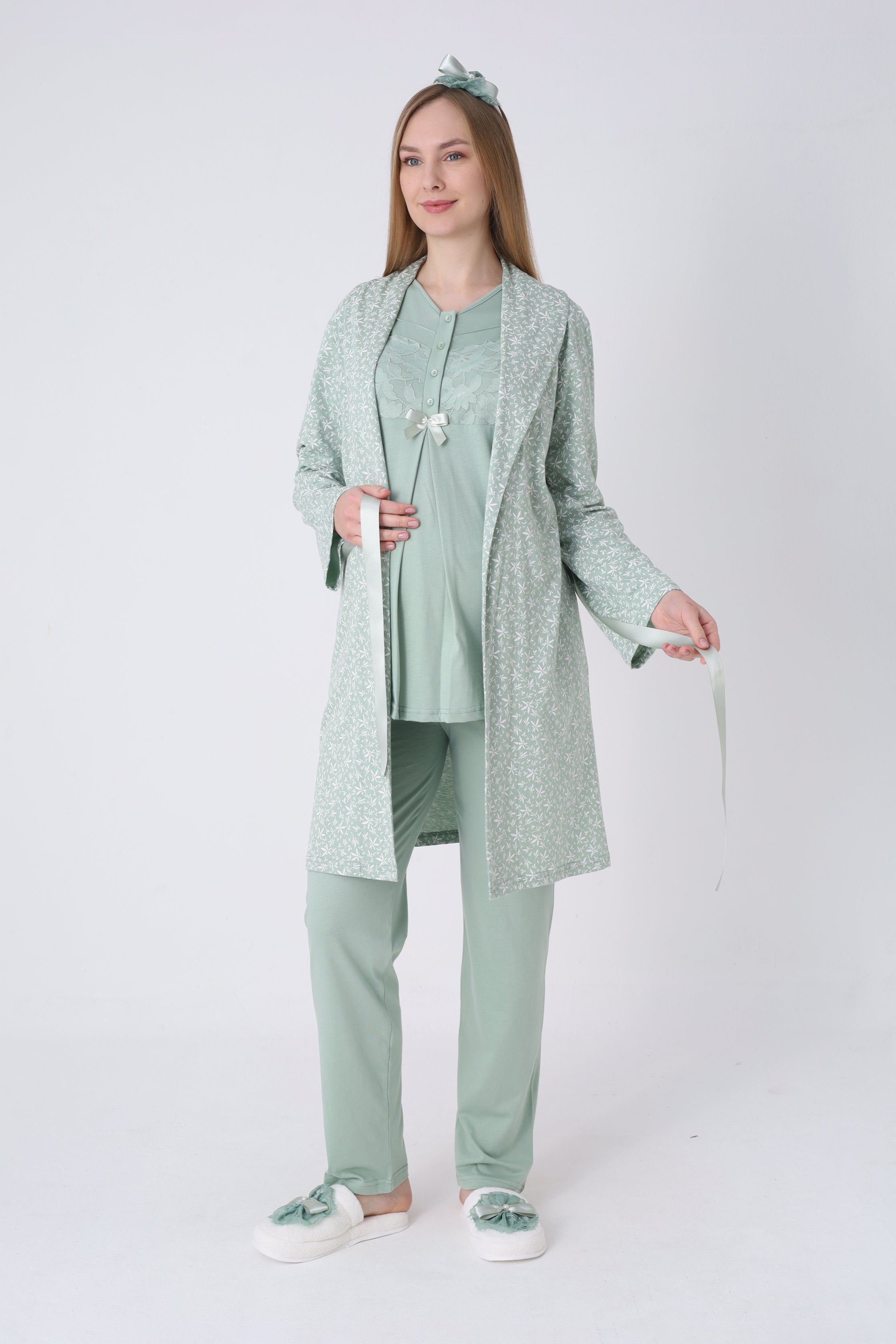 Narin Yaprak Motifli Sabahlık ve Dantelli Emzirme Pijama Takımı – 3’lü Lohusa Seti - 3466 14