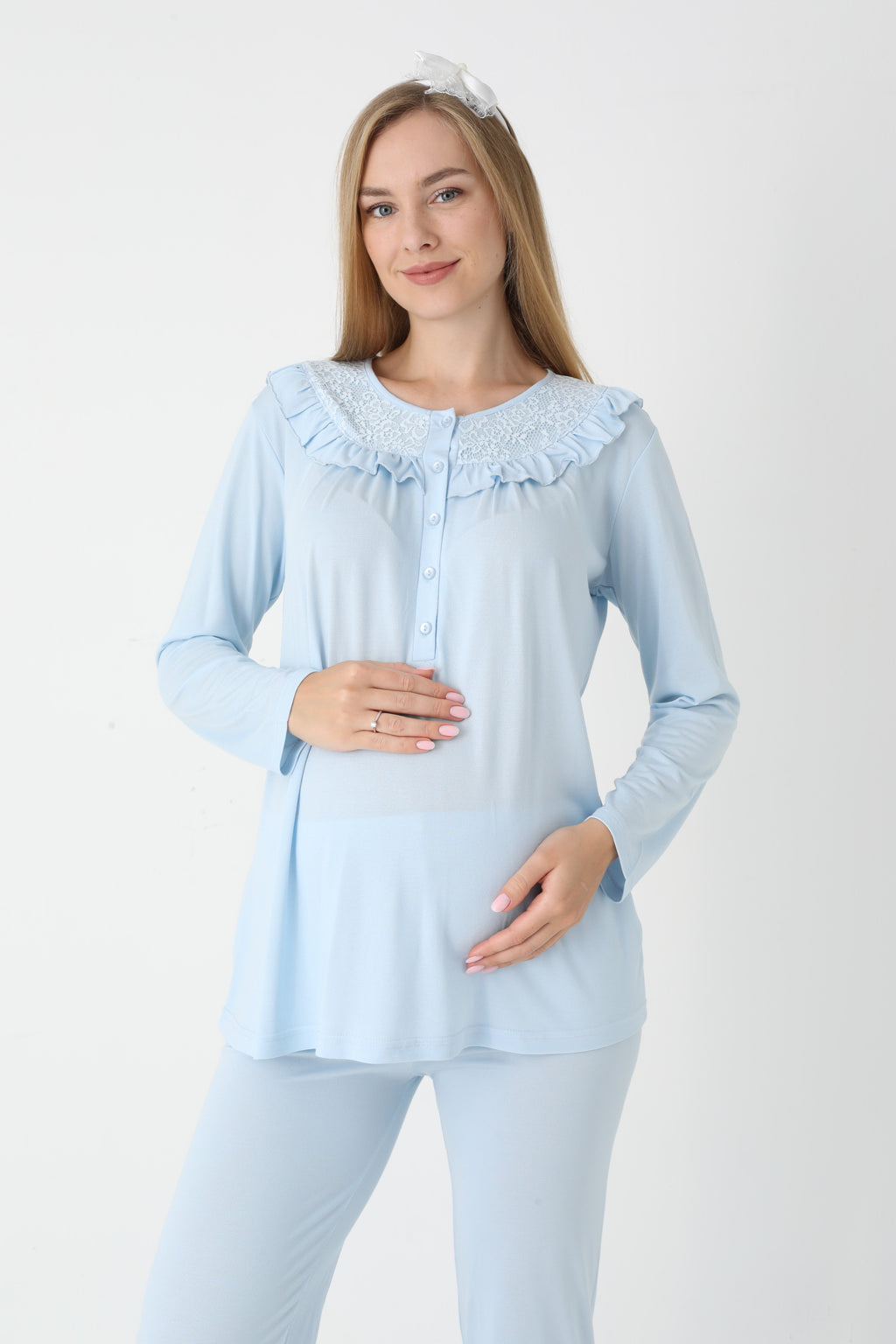 Dantel Detaylı Düğmeli 3'lü Hamile Lohusa Pijama ve Sabahlık Takımı - 3446