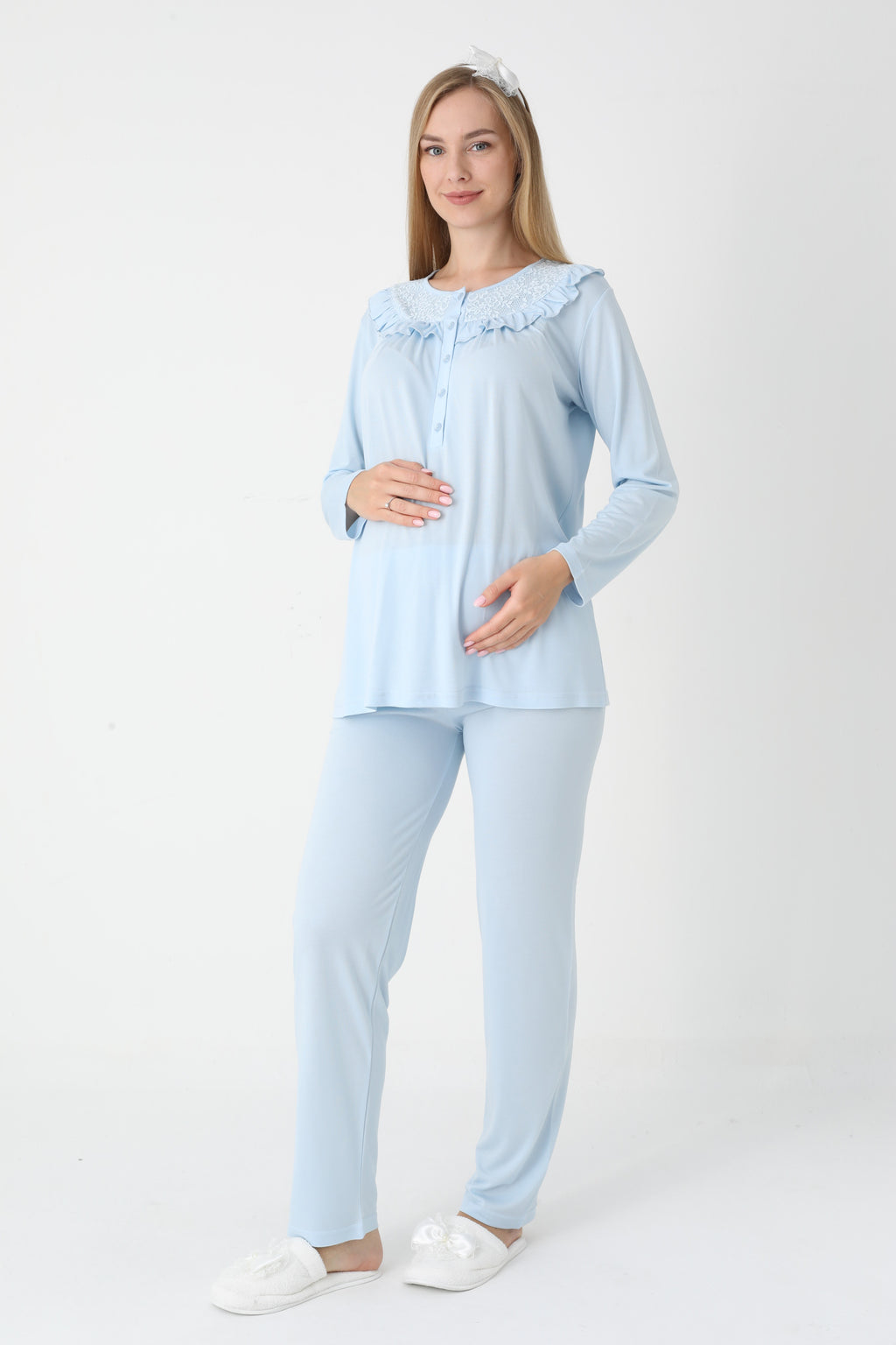 Dantel Detaylı Düğmeli 3'lü Hamile Lohusa Pijama ve Sabahlık Takımı - 3446