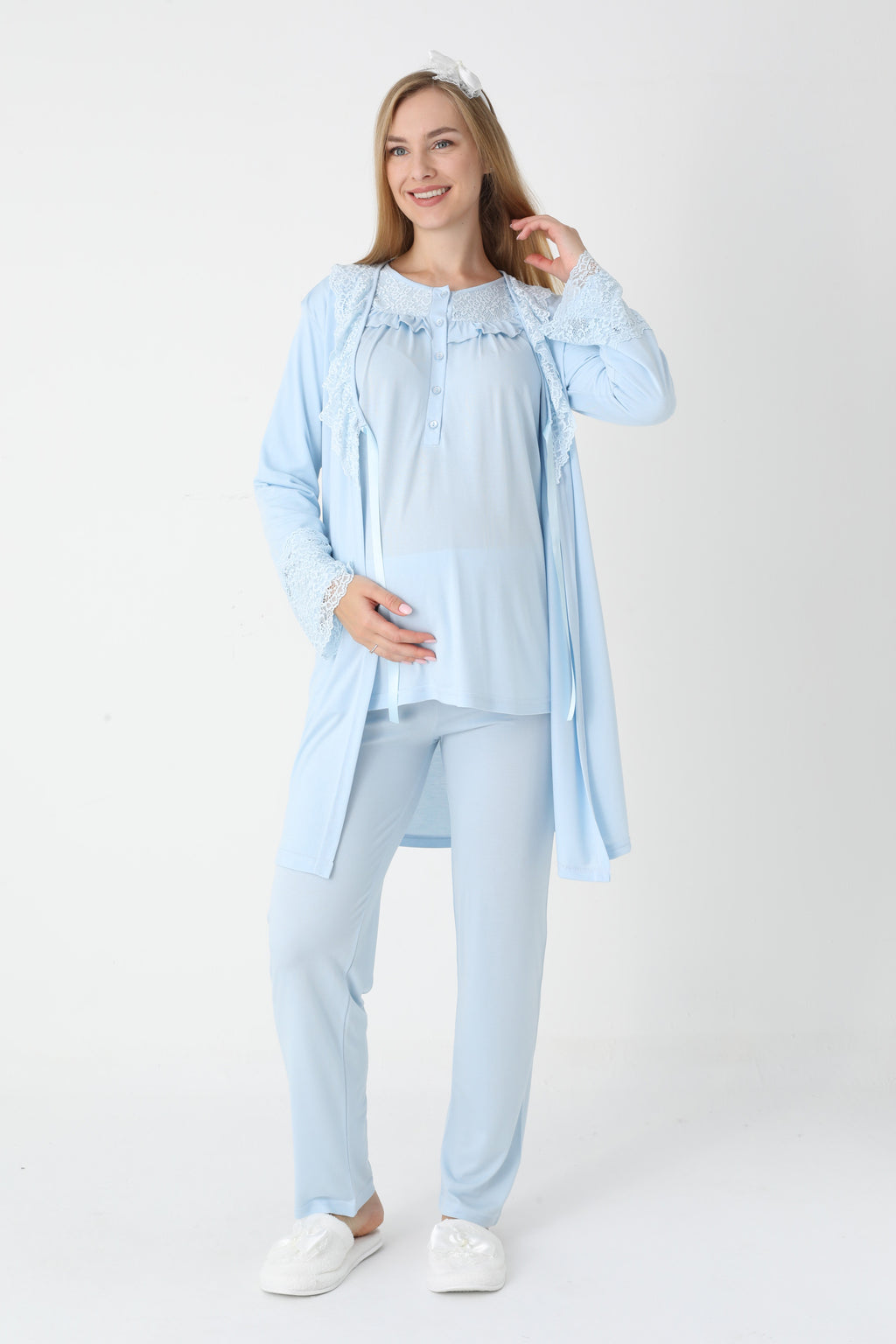 Dantel Detaylı Düğmeli 3'lü Hamile Lohusa Pijama ve Sabahlık Takımı - 3446