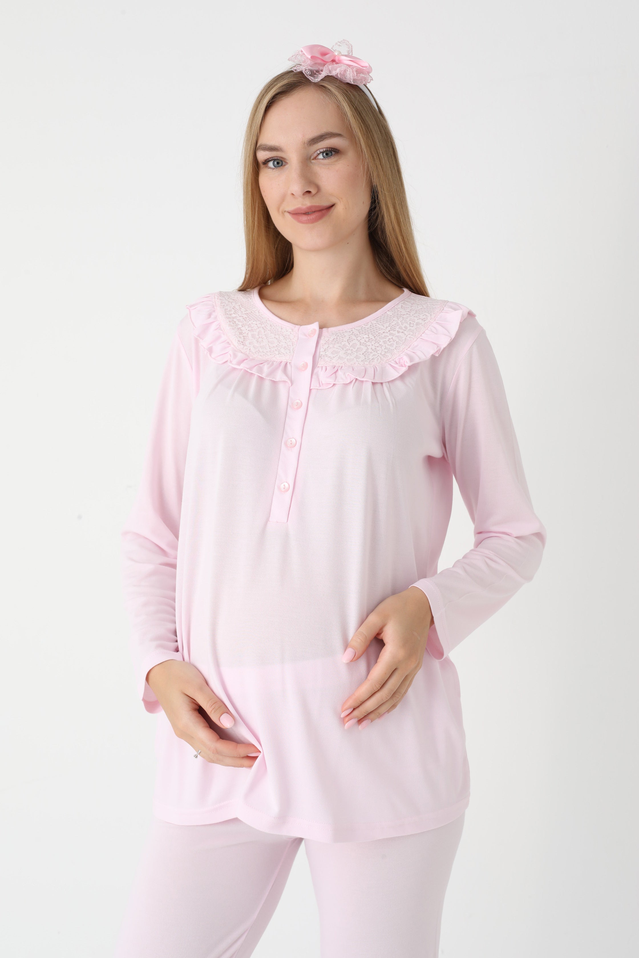 Hamile lohusa pijama ve sabahlık takımı dantel detaylı düğmeli 3'lü 11