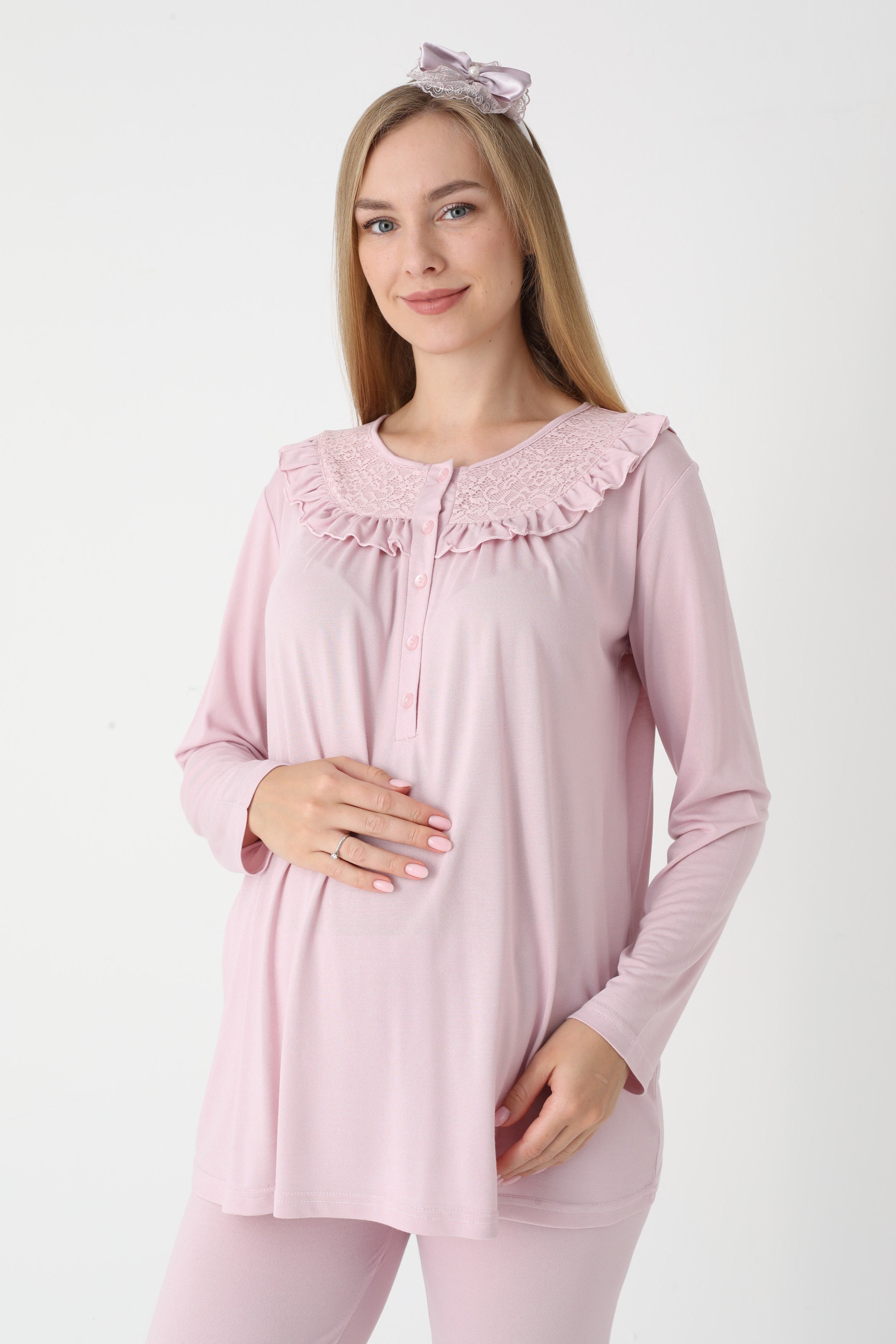 Hamile lohusa pijama ve sabahlık takımı dantel detaylı düğmeli 3'lü 17