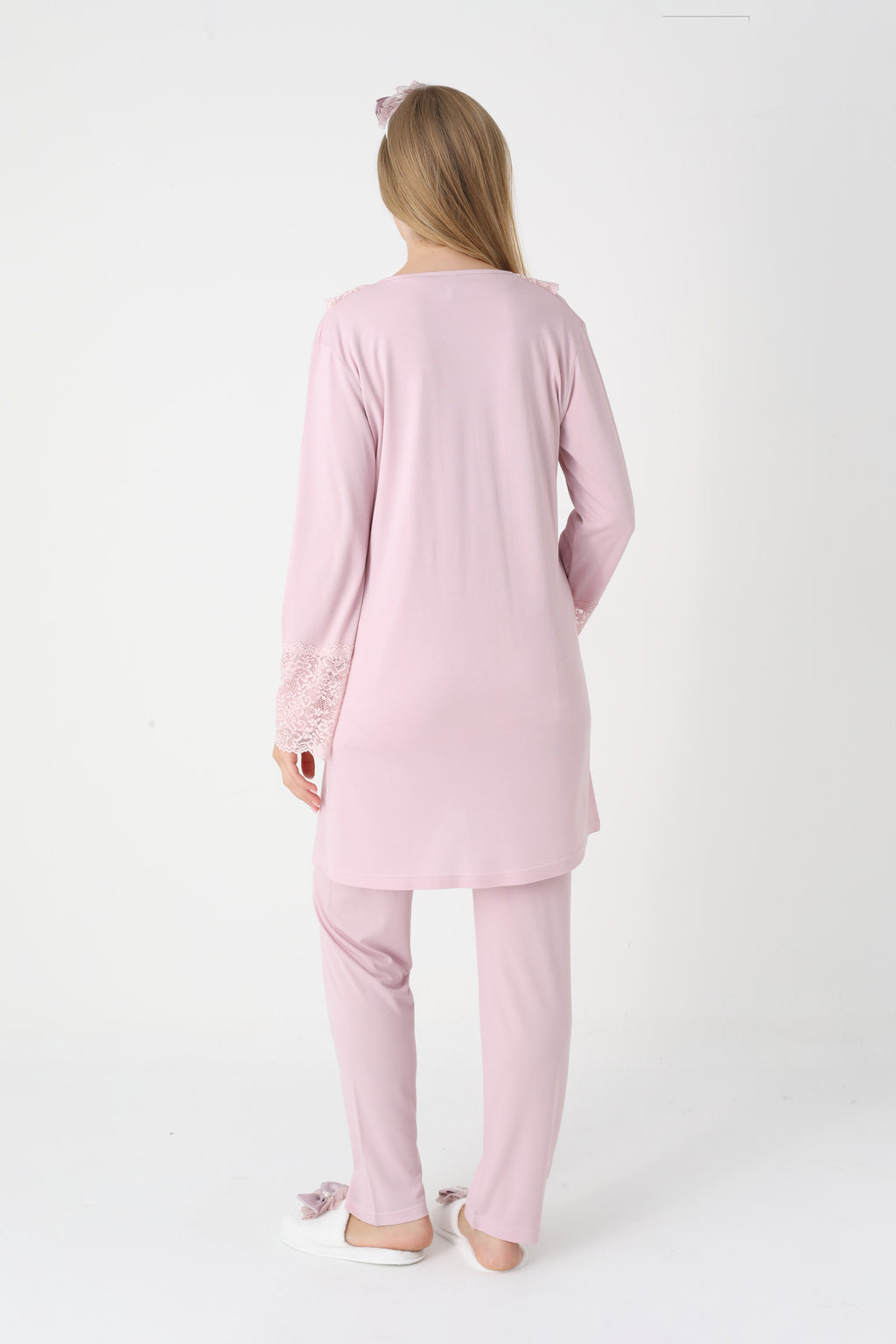 Dantel Detaylı Düğmeli 3'lü Hamile Lohusa Pijama ve Sabahlık Takımı - 3446