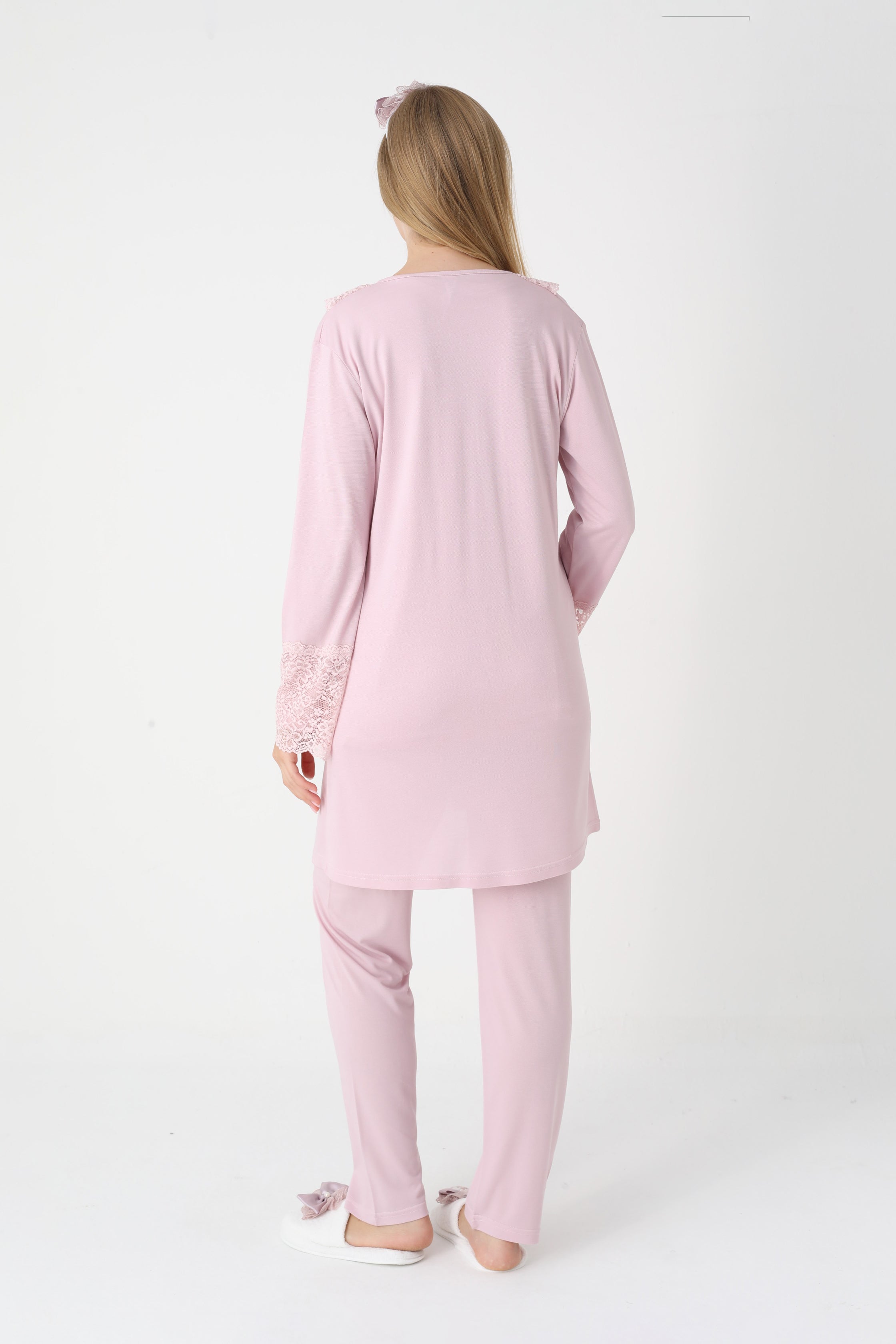 Hamile lohusa pijama ve sabahlık takımı dantel detaylı düğmeli 3'lü 18