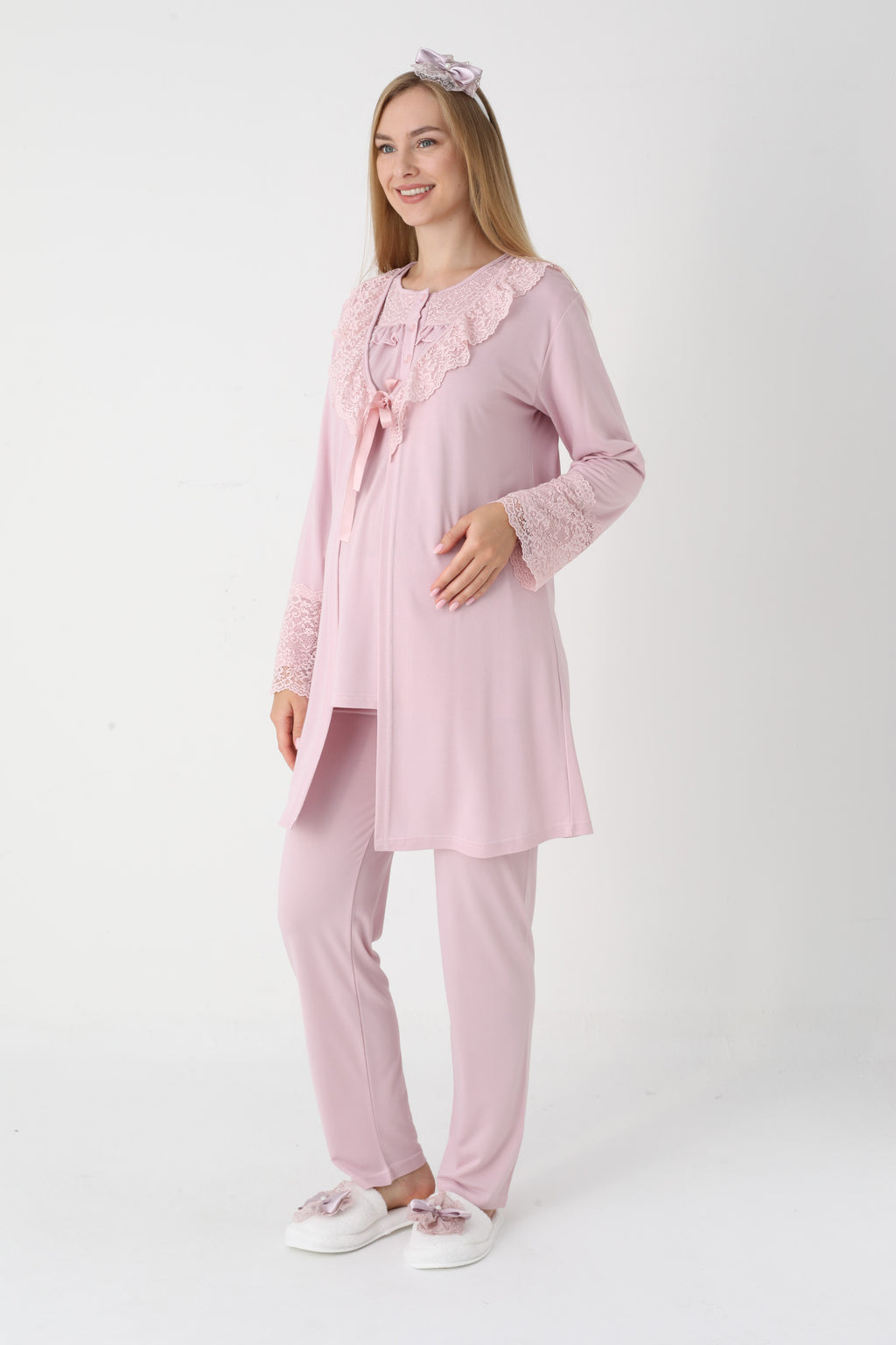 Dantel Detaylı Düğmeli 3'lü Hamile Lohusa Pijama ve Sabahlık Takımı - 3446