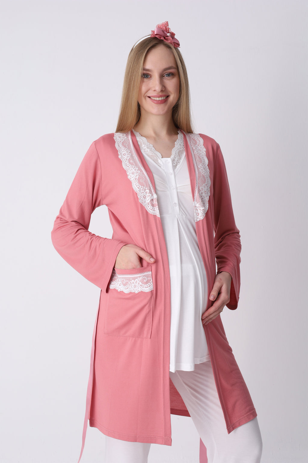 Lohusa Pijama Sabahlık 3'lü Takım Dantel Yakalı Cepli Düğmeli Emzirme Pamuk Viskon Hamile Pijama
