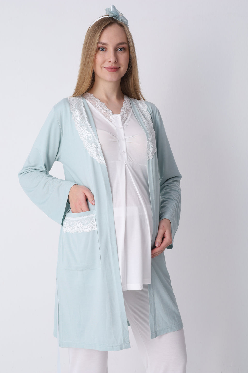 Lohusa Pijama Sabahlık 3'lü Takım Dantel Yakalı Cepli Düğmeli Emzirme Pamuk Viskon Hamile Pijama