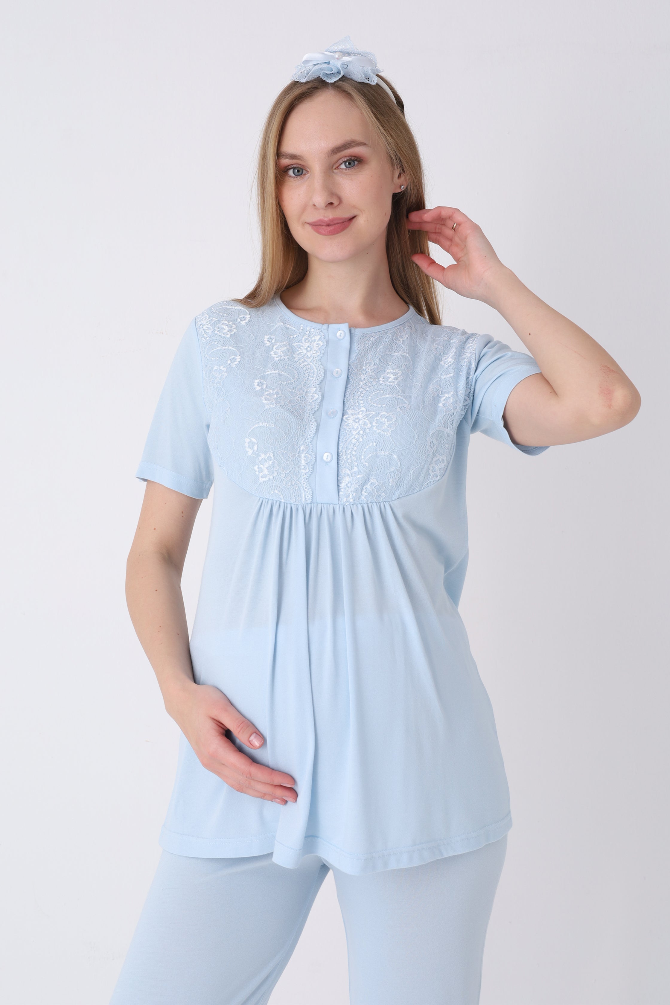 Lohusa Pijama Sabahlık 3'lü Takım Jakarlı Dokulu Dantel Göğüslü Düğmeli Emzirme Pamuk Viskon - 3463 5