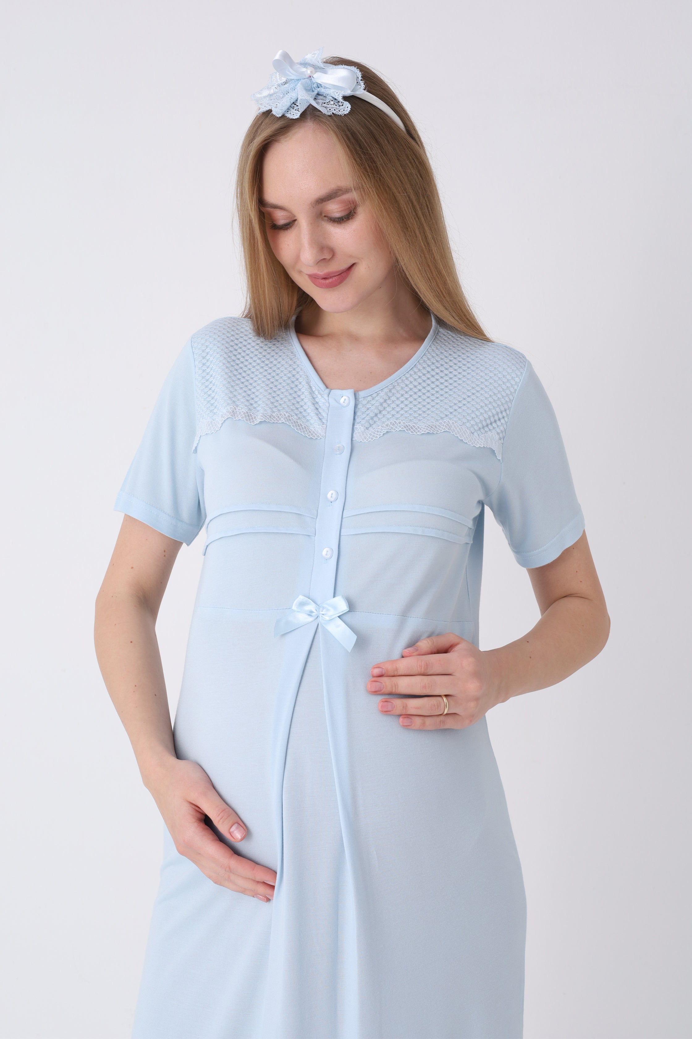 Çizgili Bisiklet Yaka ve Uzun Sabahlıklı 2'li Hamile Lohusa Gecelik Seti - 2319