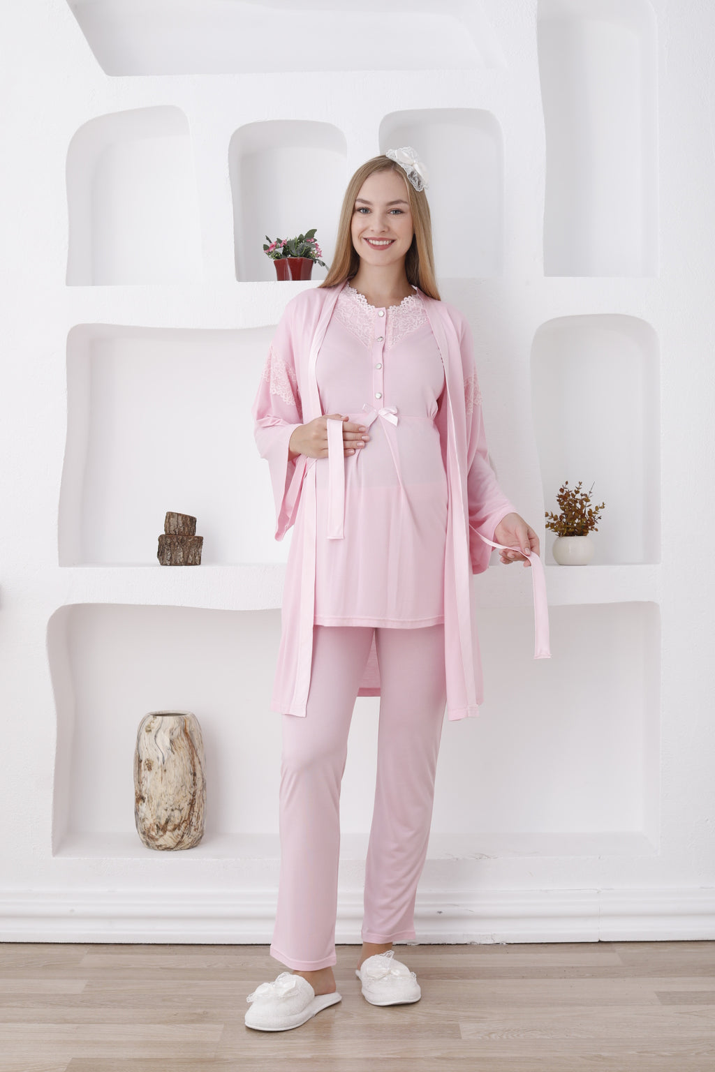 Hamile Giyim / Düğmeli Ve Uzun Kollu Pijama Ve Sabahlıklı Takım - 3420
