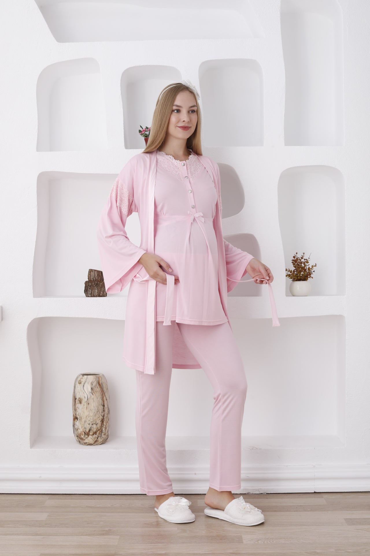 Hamile Giyim / Düğmeli Ve Uzun Kollu Pijama Ve Sabahlıklı Takım - 3420